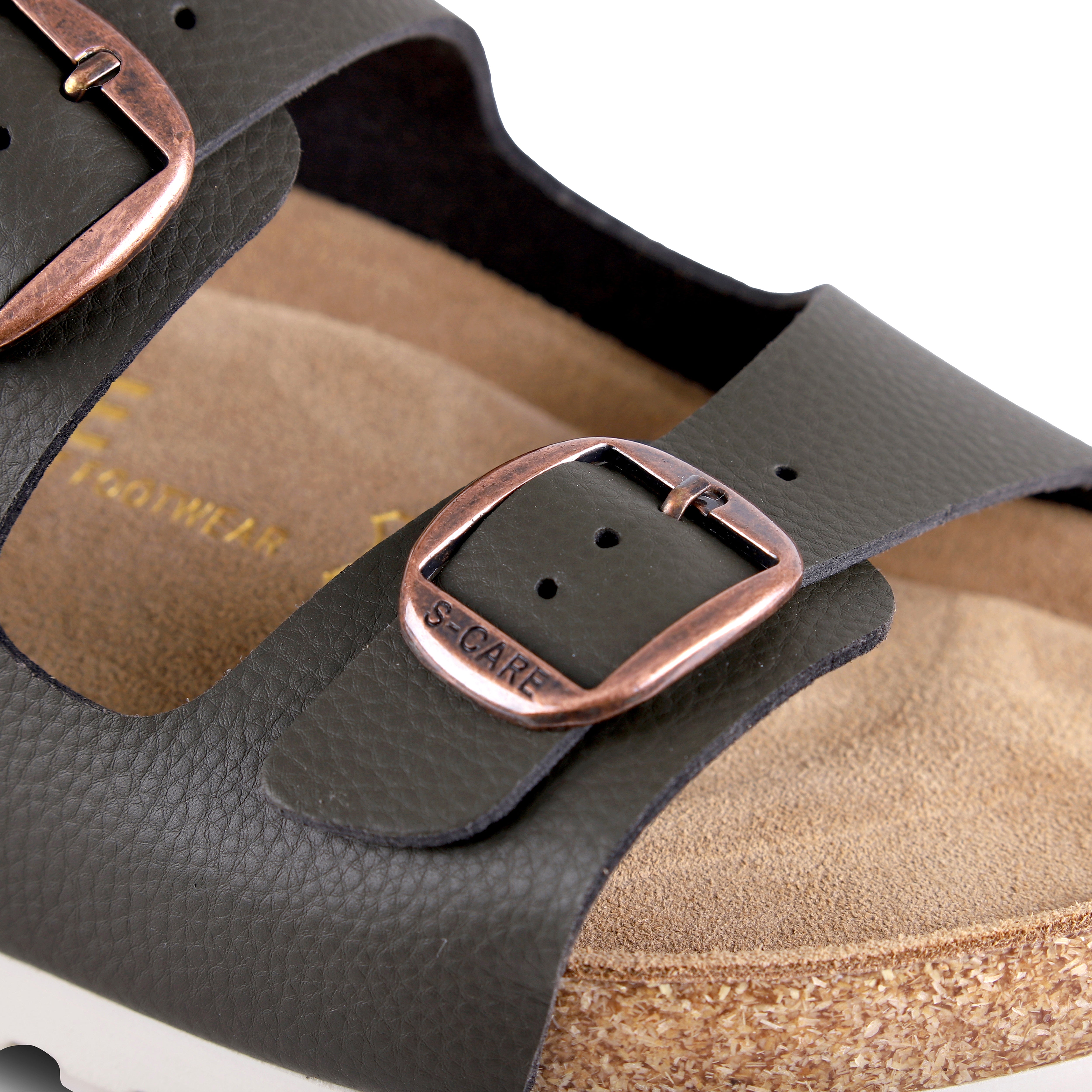 Close-up of S-CARE Bali Sandals in army green, focusing on the strap stitching, toe-post structure, and cushioning details.