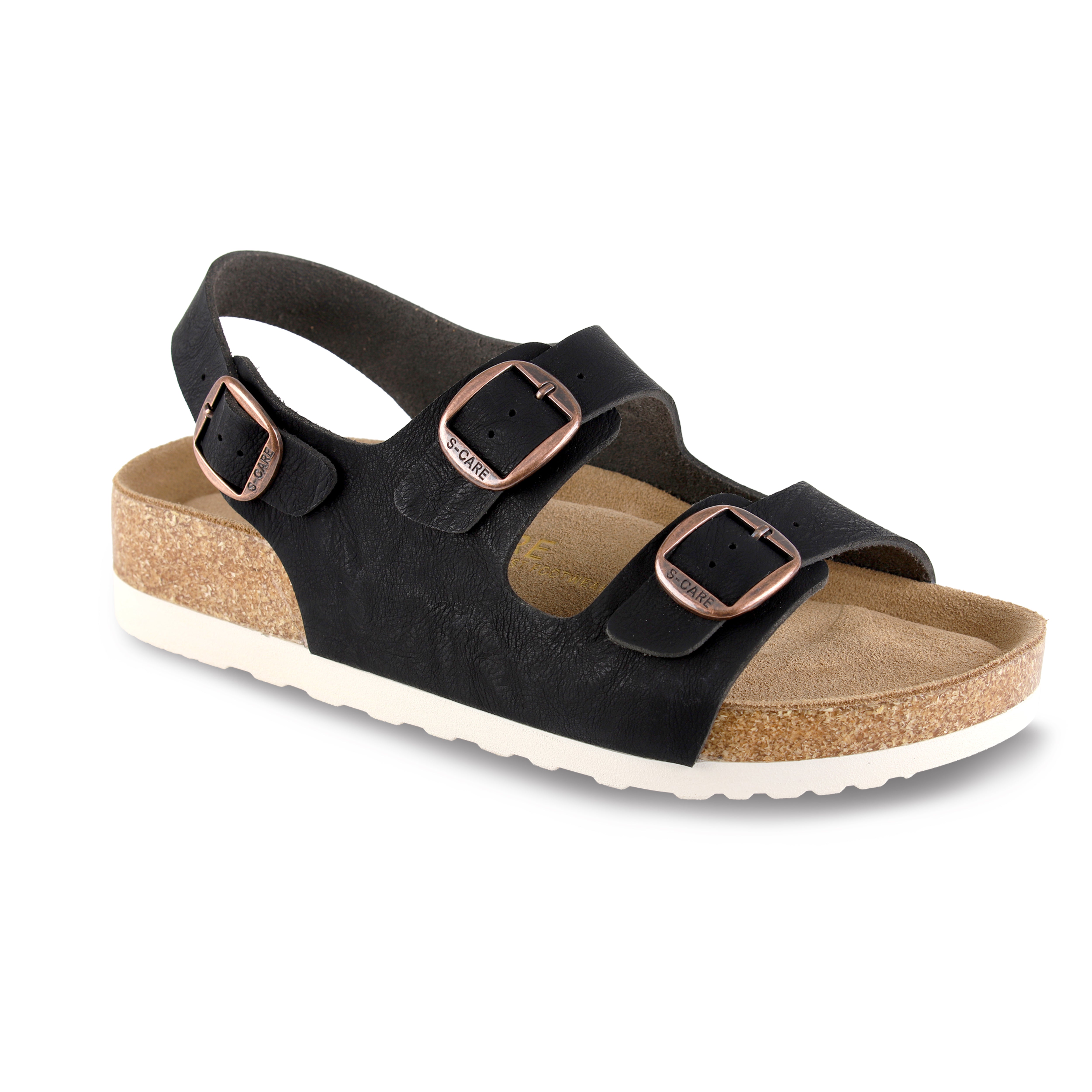 Front view of S-CARE Bali Sandals in black, showing the toe-post design with a structured upper strap.