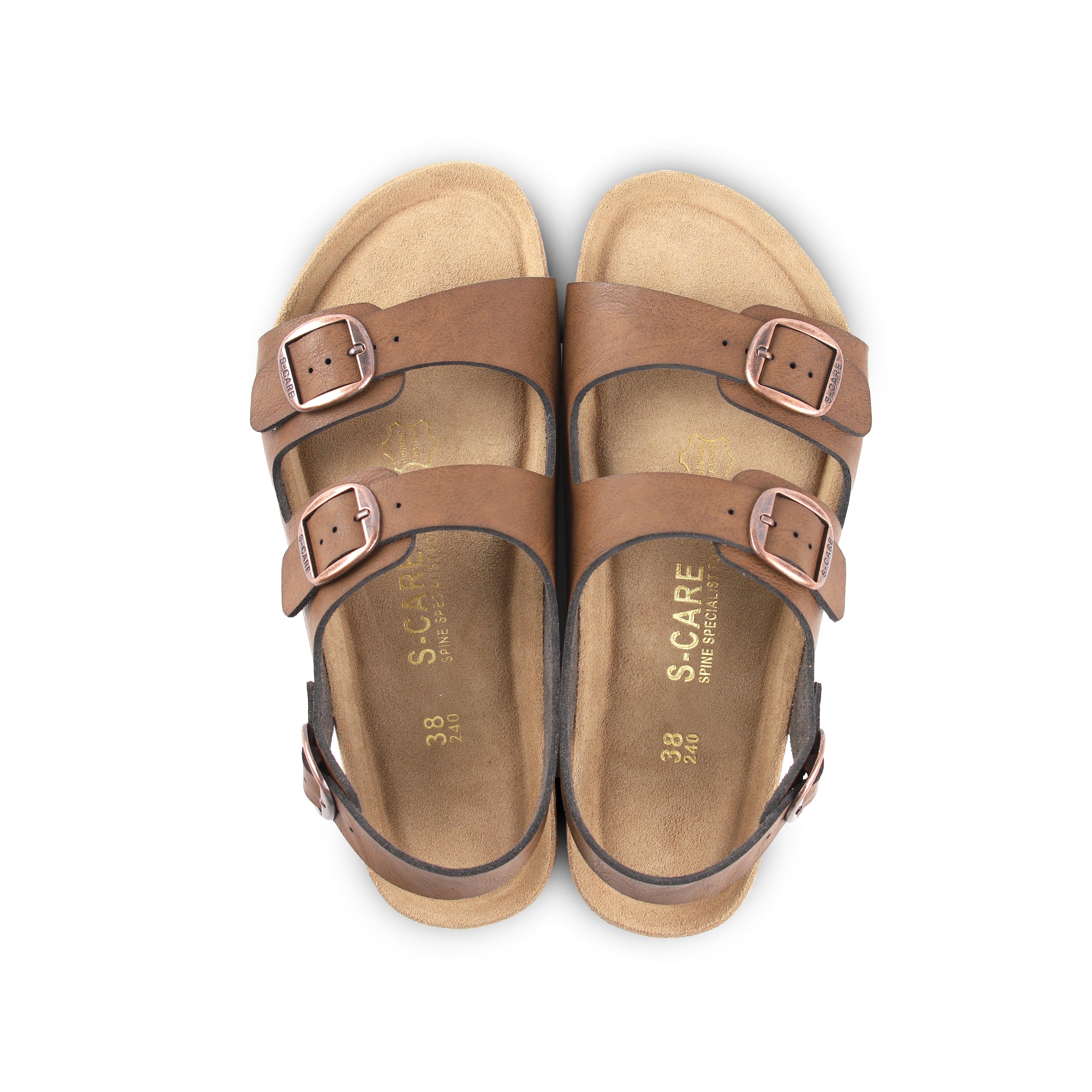 Top-down view of S-CARE Bali Sandals in brown, highlighting the contoured footbed, toe-post alignment, and arch support.