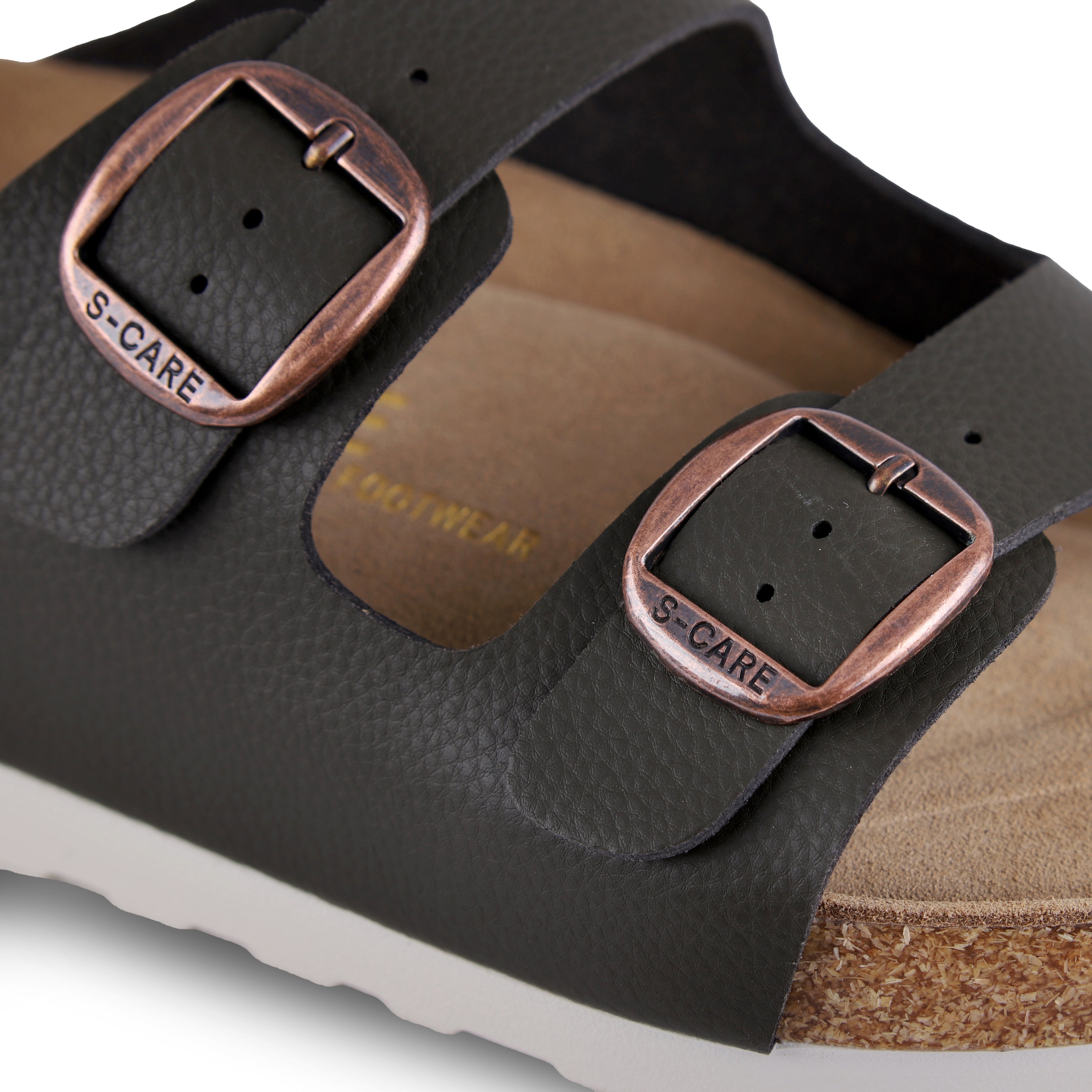 Close-up of S-CARE Doha Sandals in army green, showing texture details, stitching, and side buckle.
