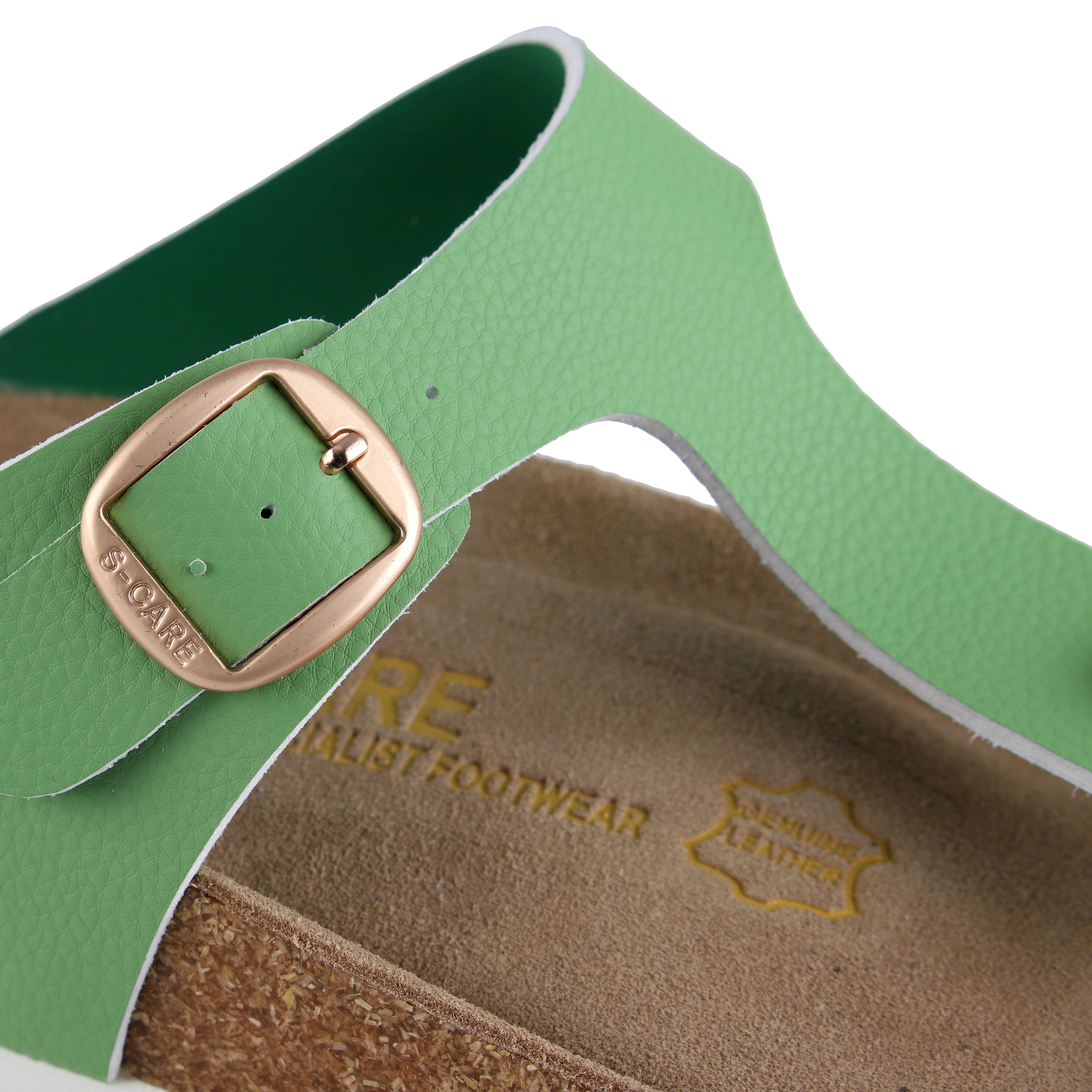 Close-up of S-CARE Dubai Sandals in apple green, capturing texture, strap stitching, and insole details.
