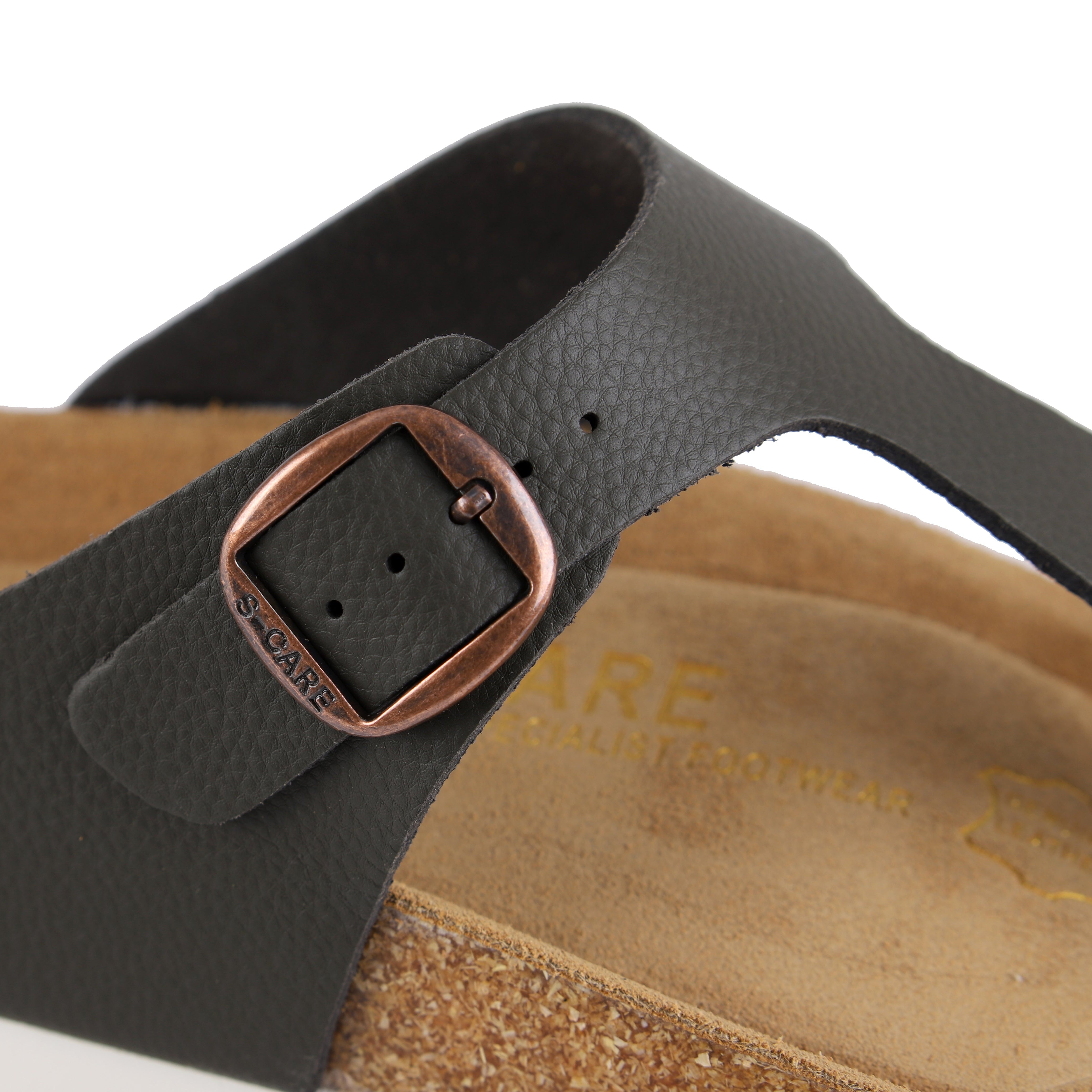 Close-up of S-CARE Dubai Sandals in army green, focusing on material grain, stitching, and footbed texture.