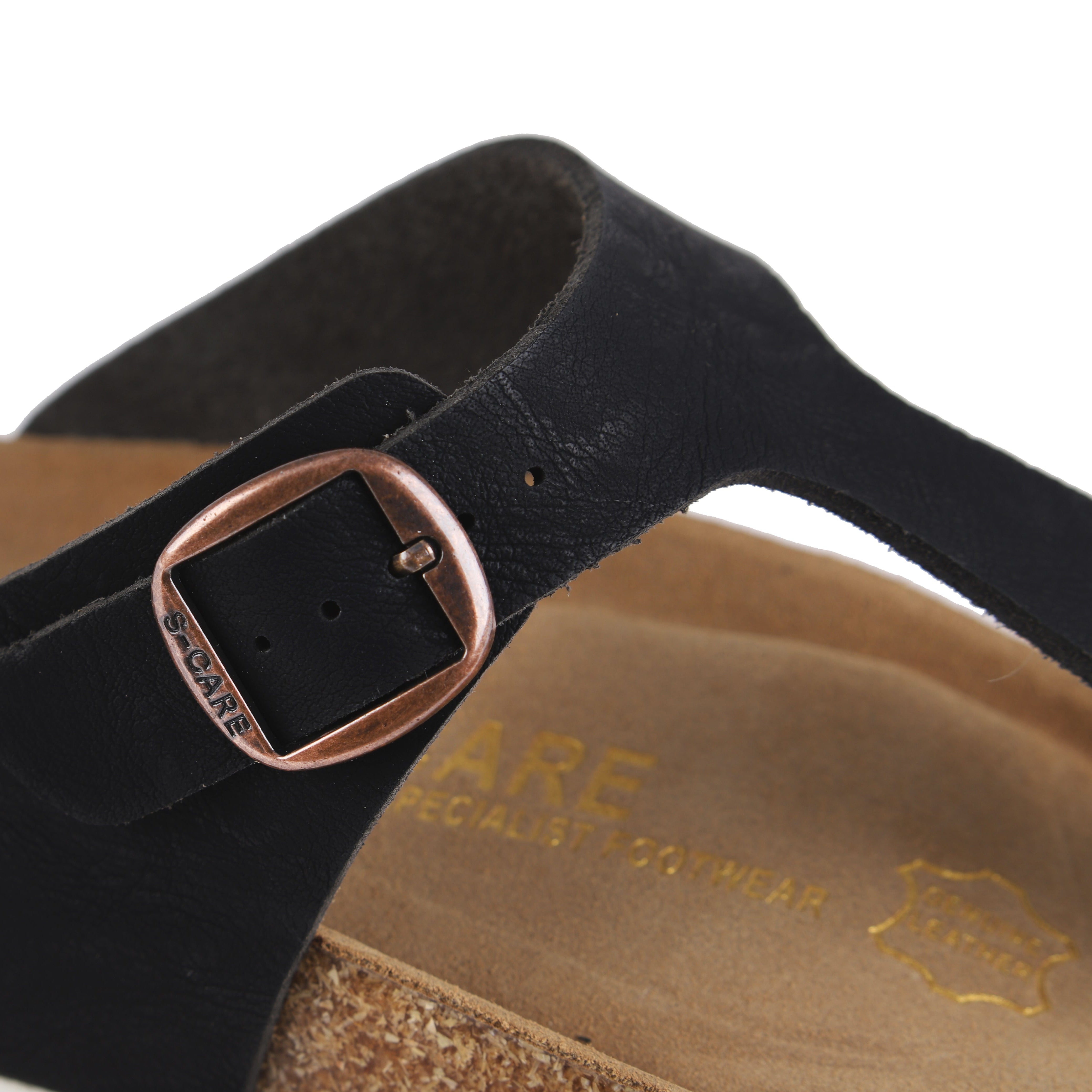 Close-up of S-CARE Dubai Sandals in black, highlighting strap texture and cushion detail.