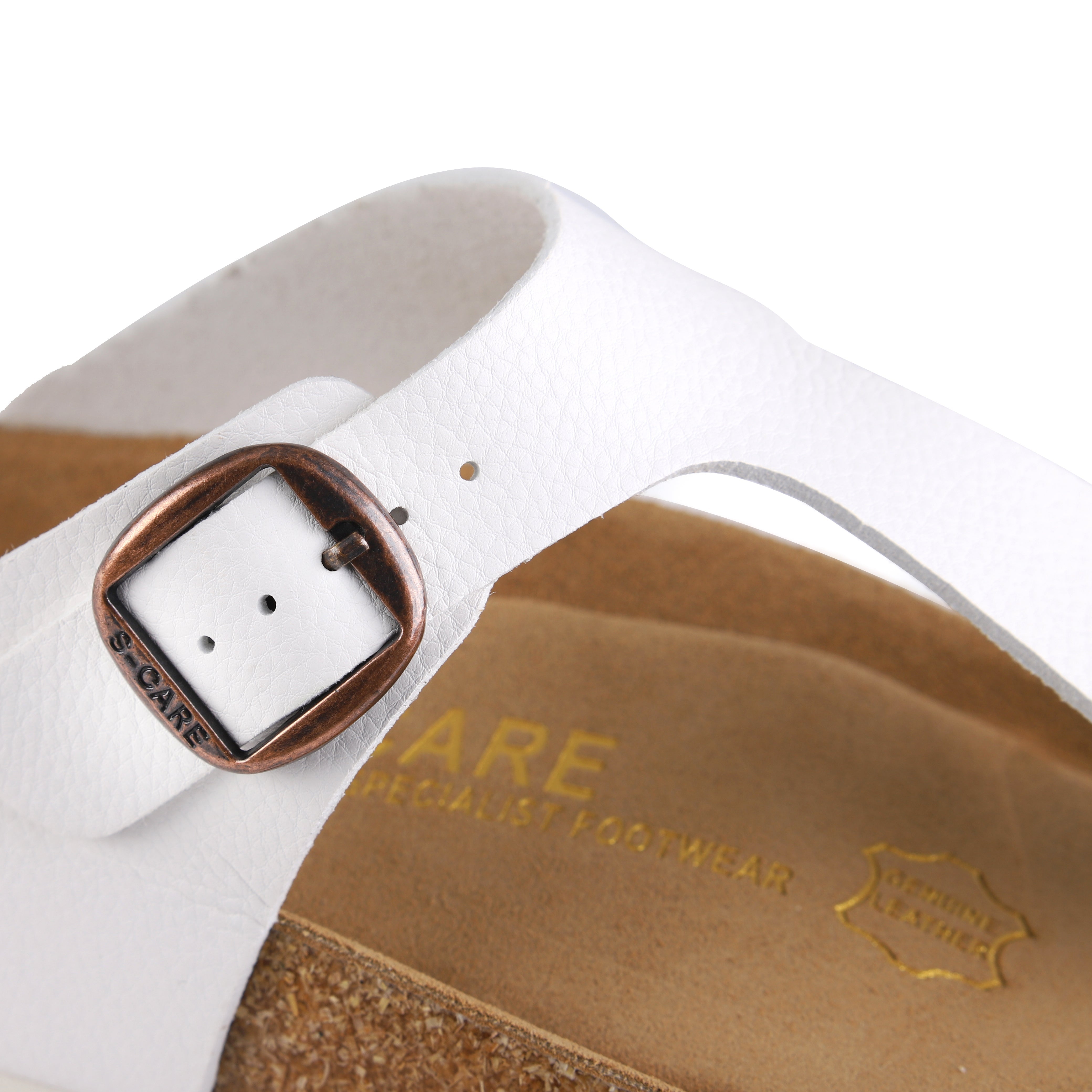 Close-up of S-CARE Dubai Sandals in white, showing strap texture, stitching details, and insole finish.