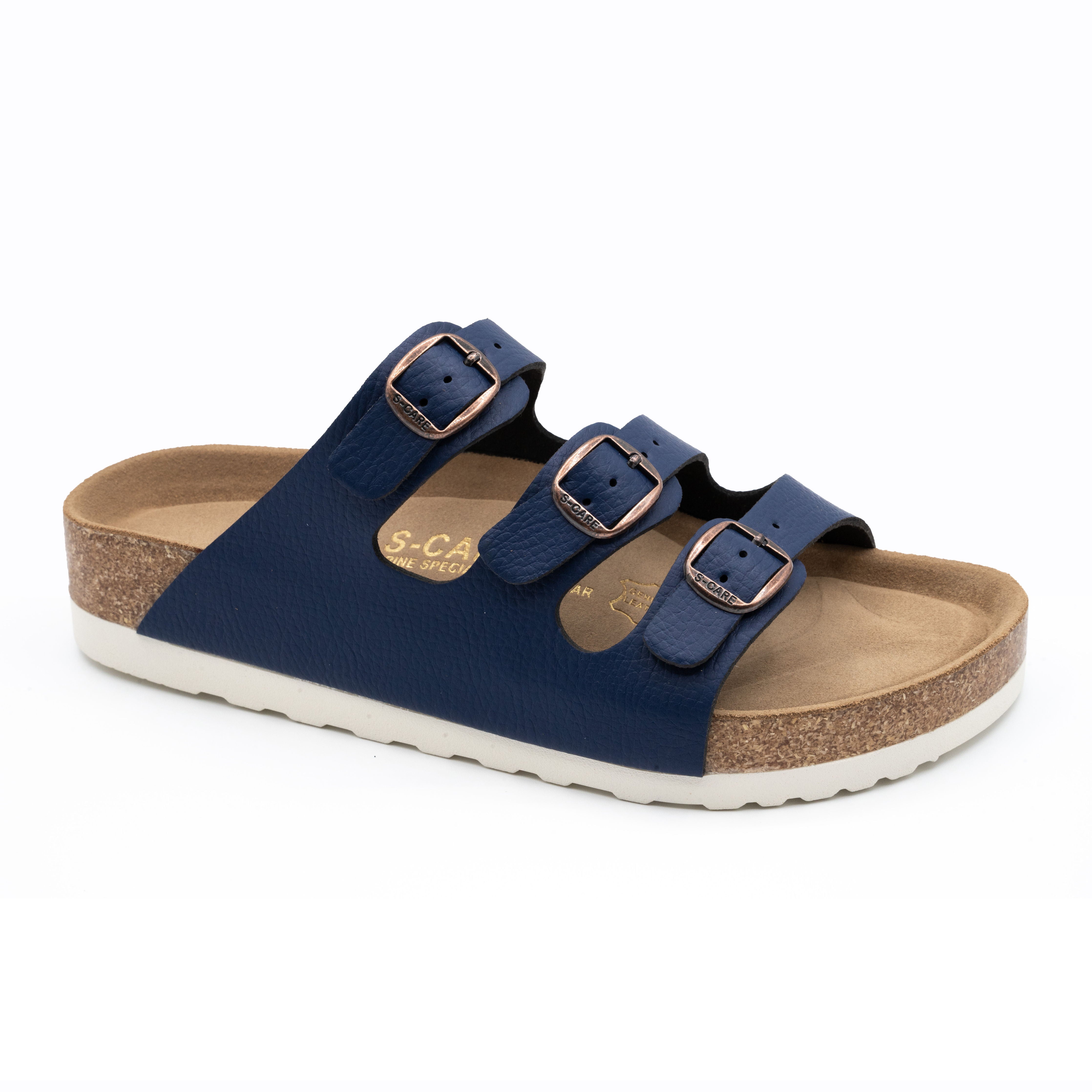 Front view of S-CARE Muscat Sandals in navy, showing strap design and silhouette.