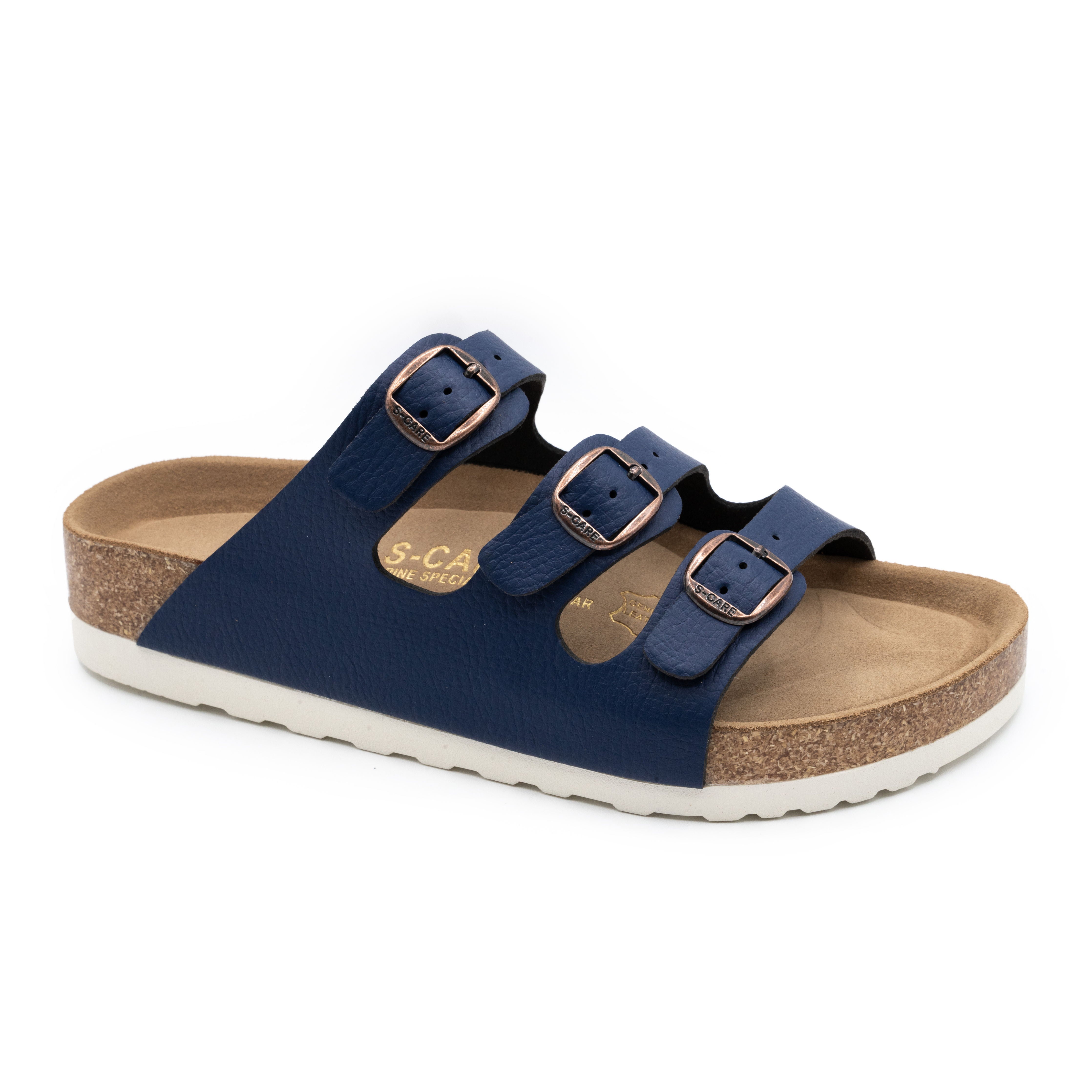 Front view of S-CARE Muscat Sandals in navy, showcasing the three-strap design and supportive silhouette.