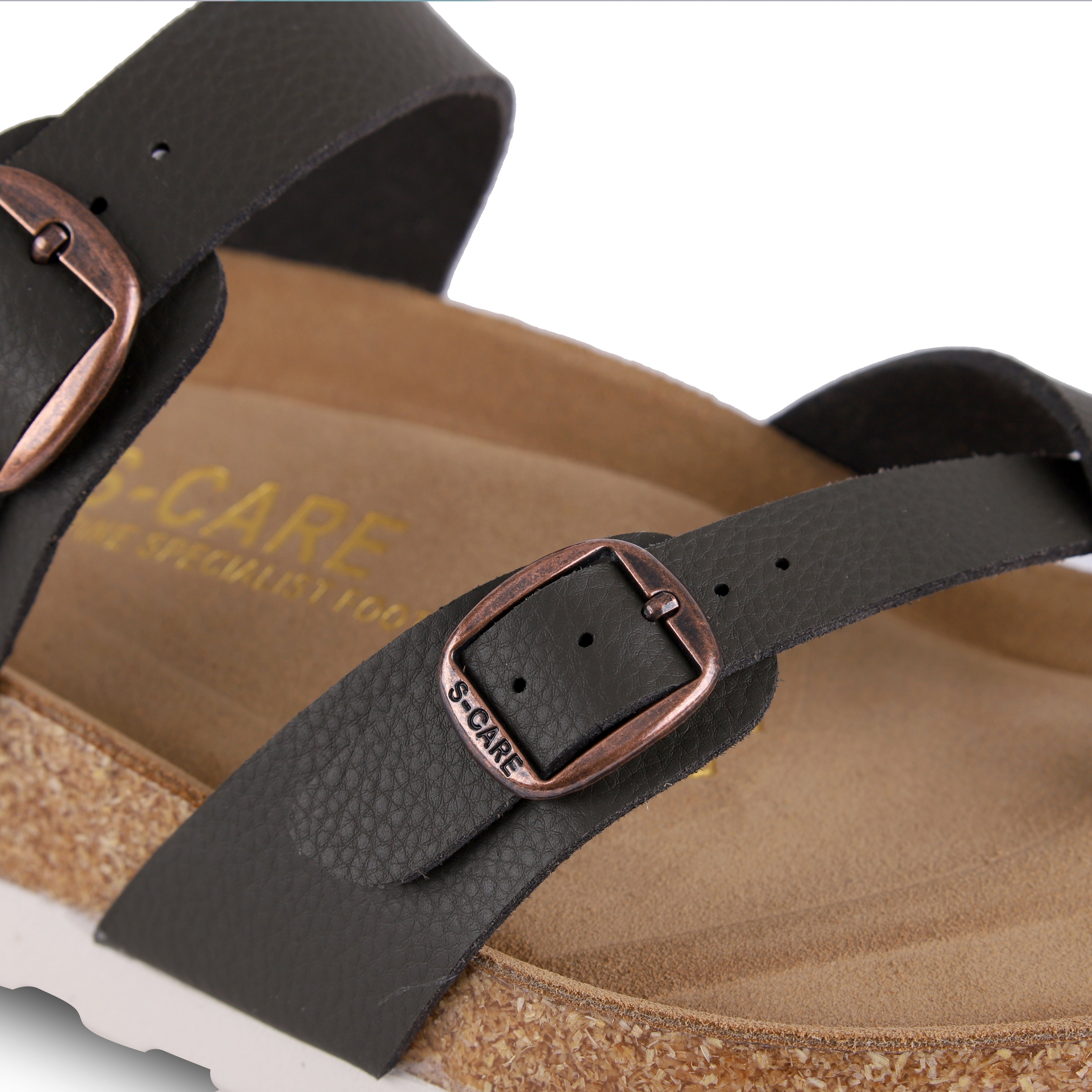 Close-up of S-CARE Riyadh Sandals in army green, highlighting stitching, material grain, and cushioning.