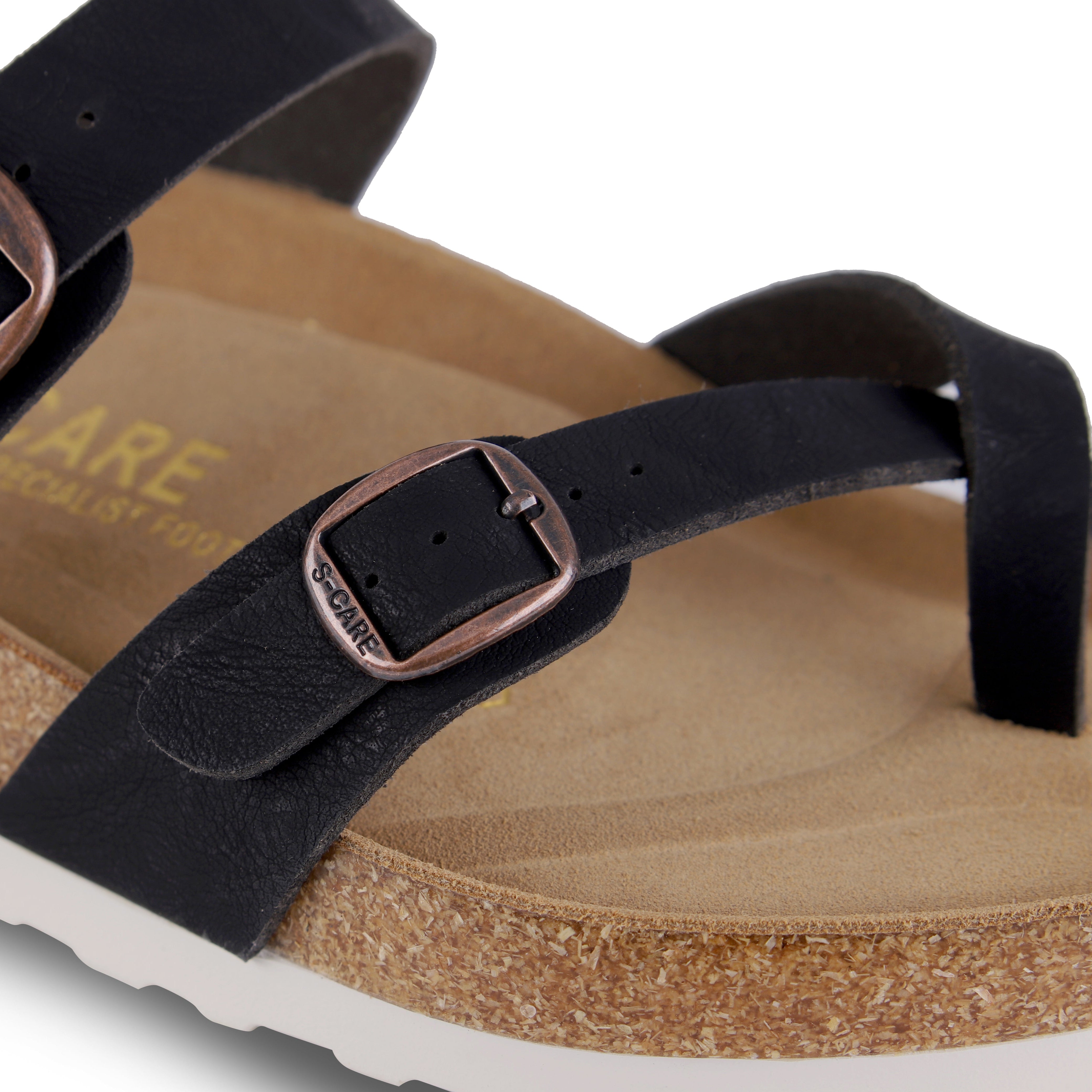 Close-up of S-CARE Riyadh Sandals in black, highlighting strap stitching, material finish, and cushion detail.