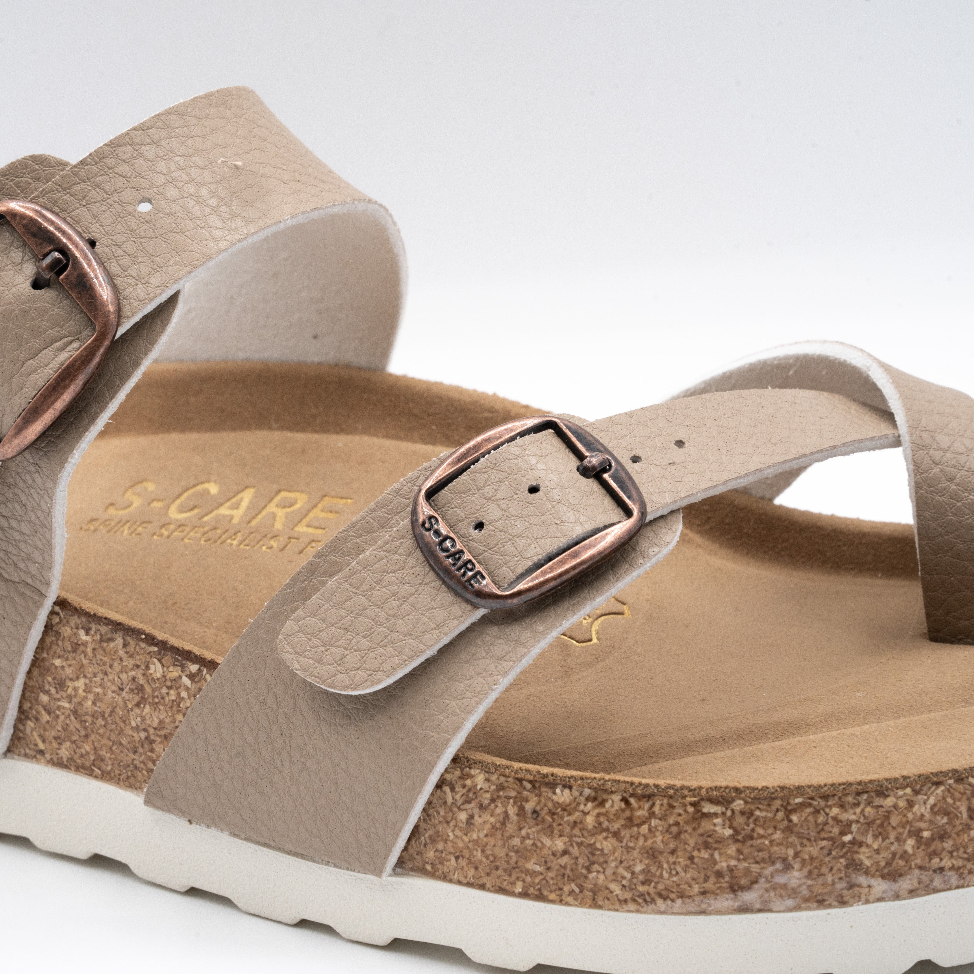 Close-up of S-CARE Riyadh Sandals in khaki, showing texture details, stitching, and side buckle.