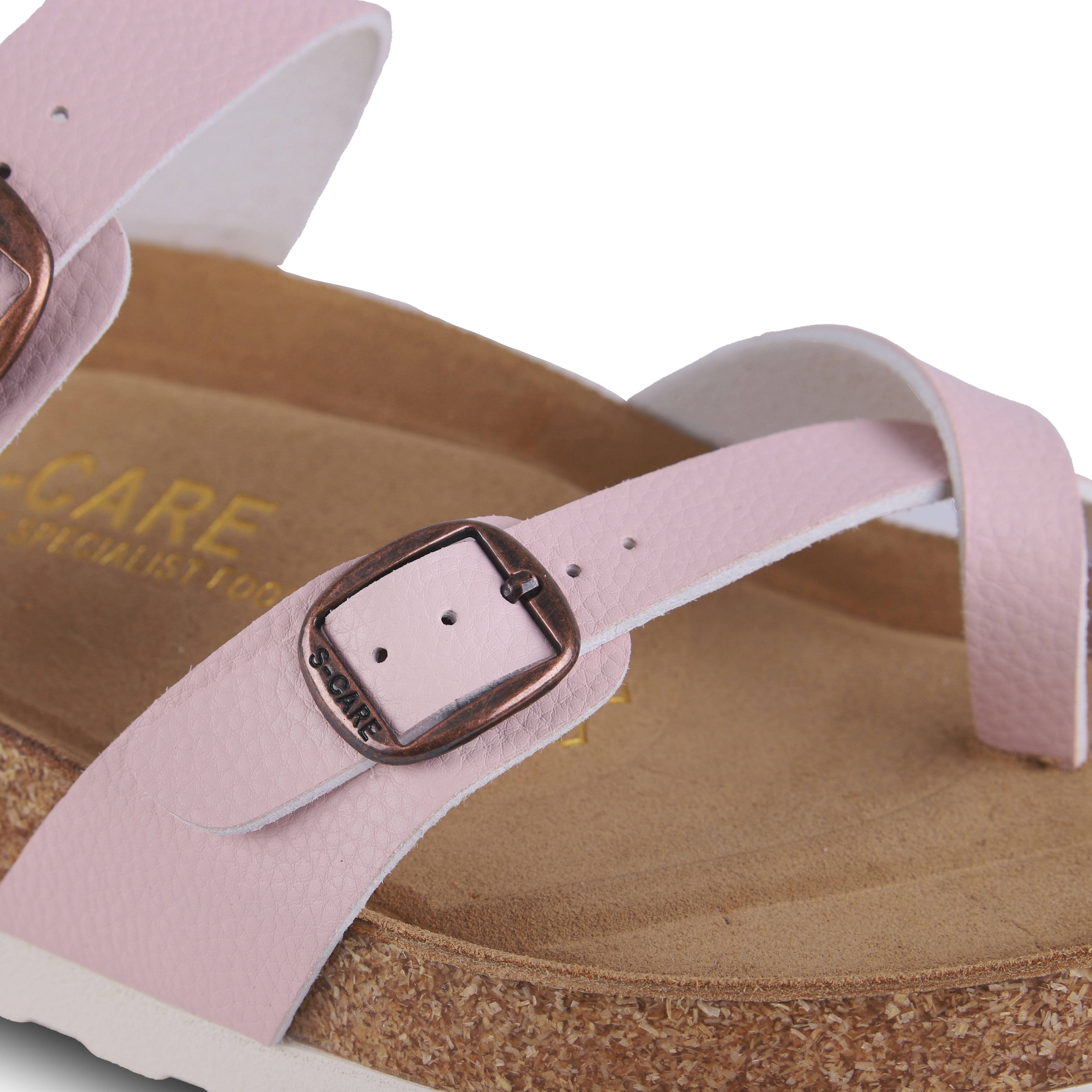 Close-up of S-CARE Riyadh Sandals in pink, focusing on the texture, stitching, and cushion detail.