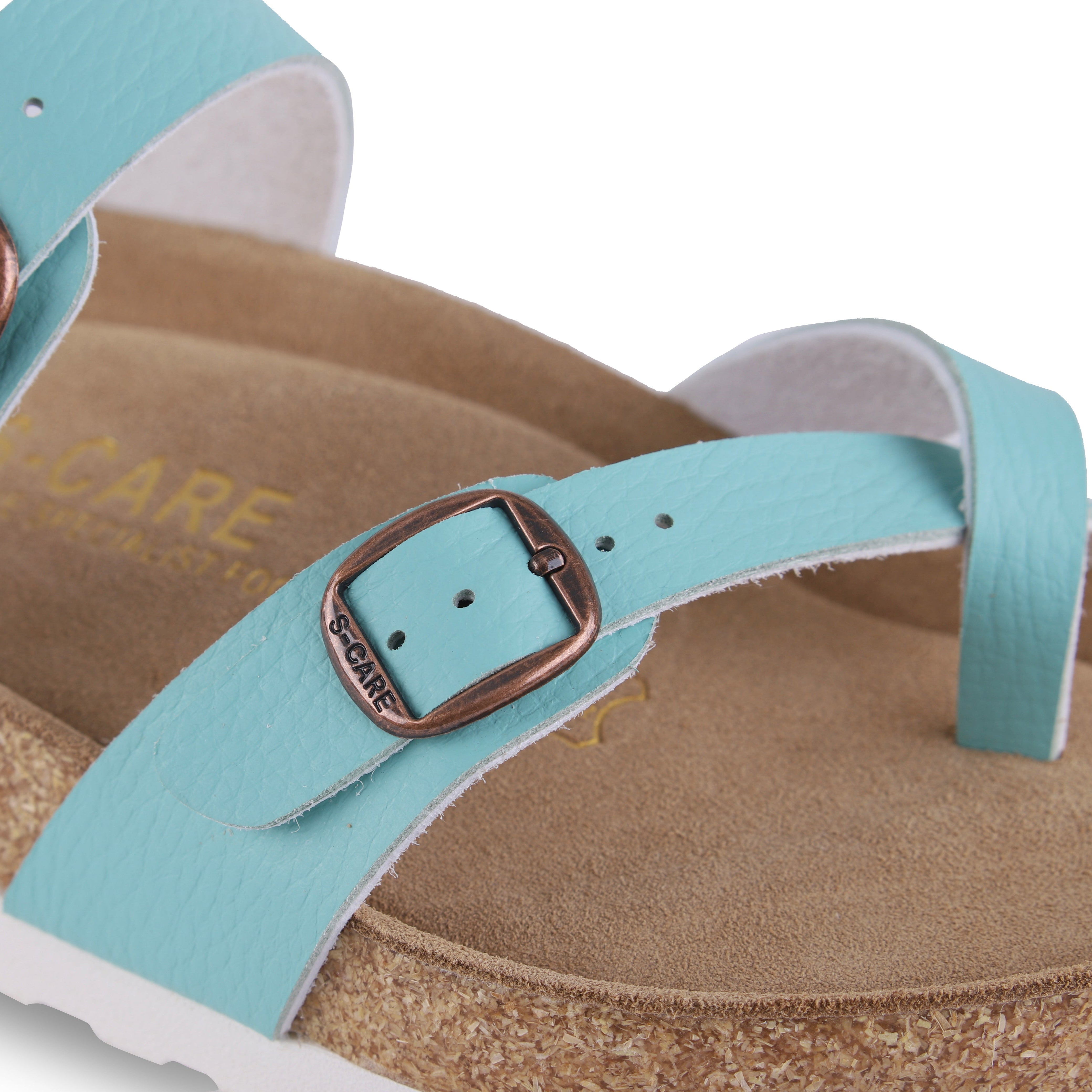 Close-up of S-CARE Riyadh Sandals in Tiffany blue, showing smooth texture, stitching, and comfort padding.