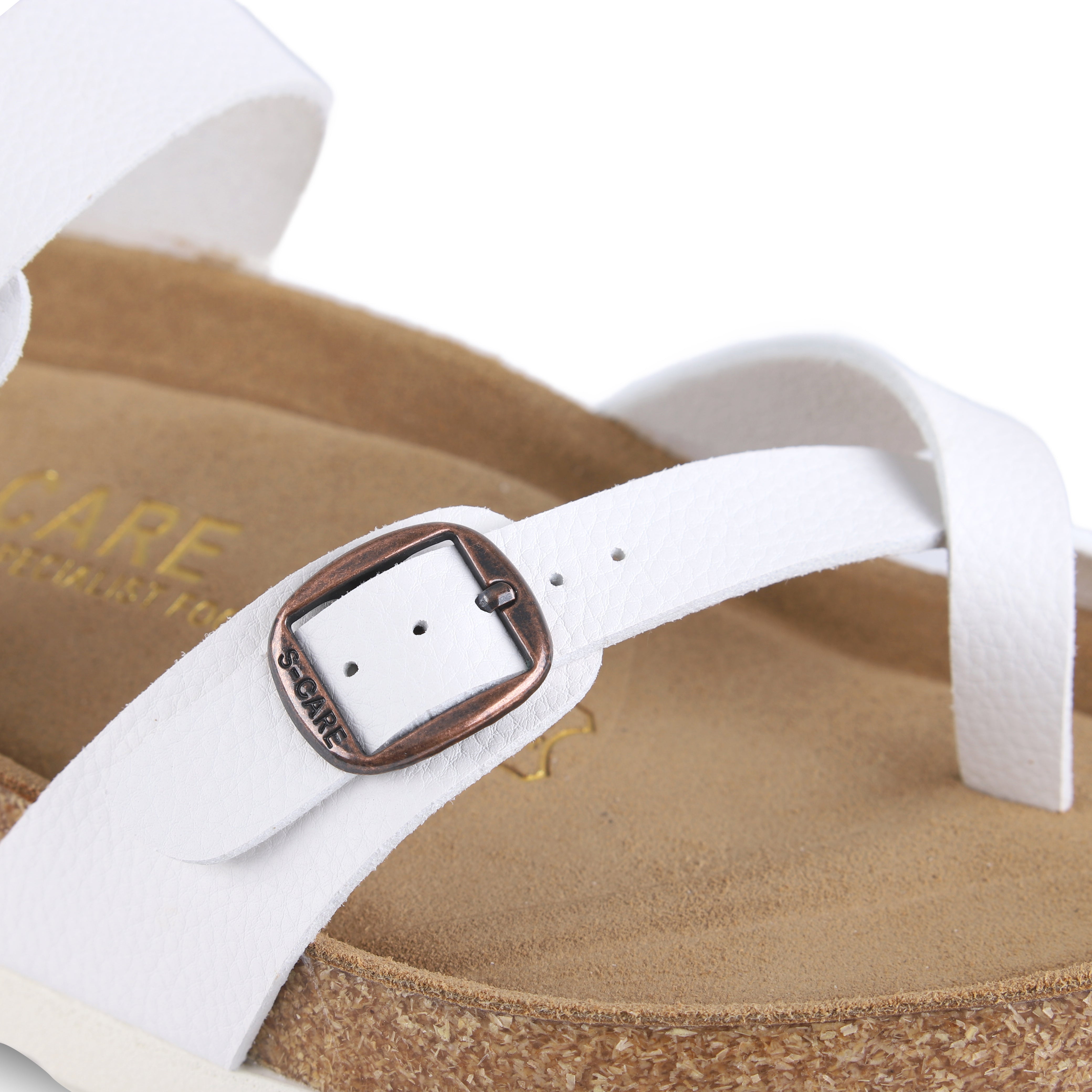 Close-up of S-CARE Riyadh Sandals in white, focusing on the texture, stitching, and insole finish.
