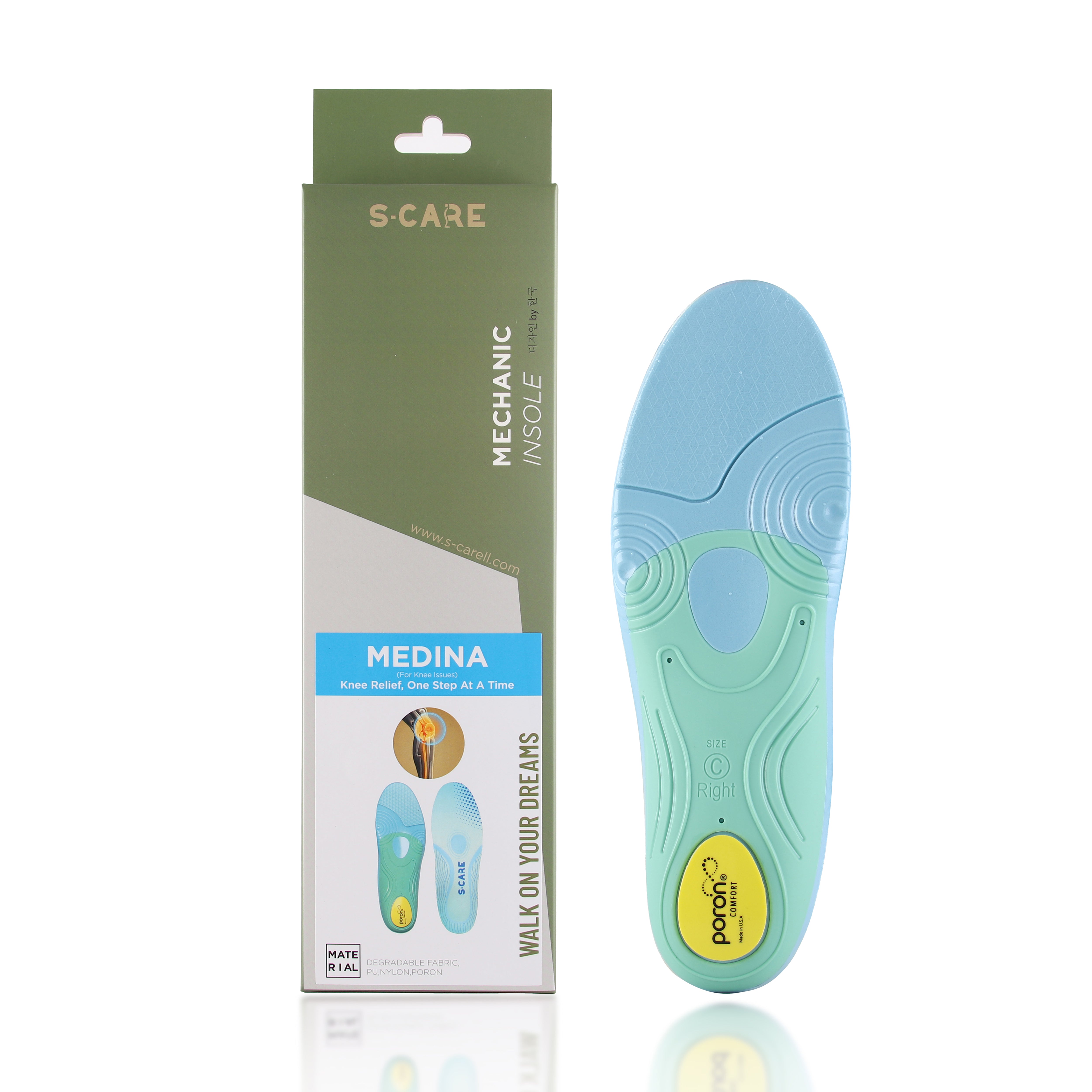 S-CARE Medina Insoles placed next to the product box.