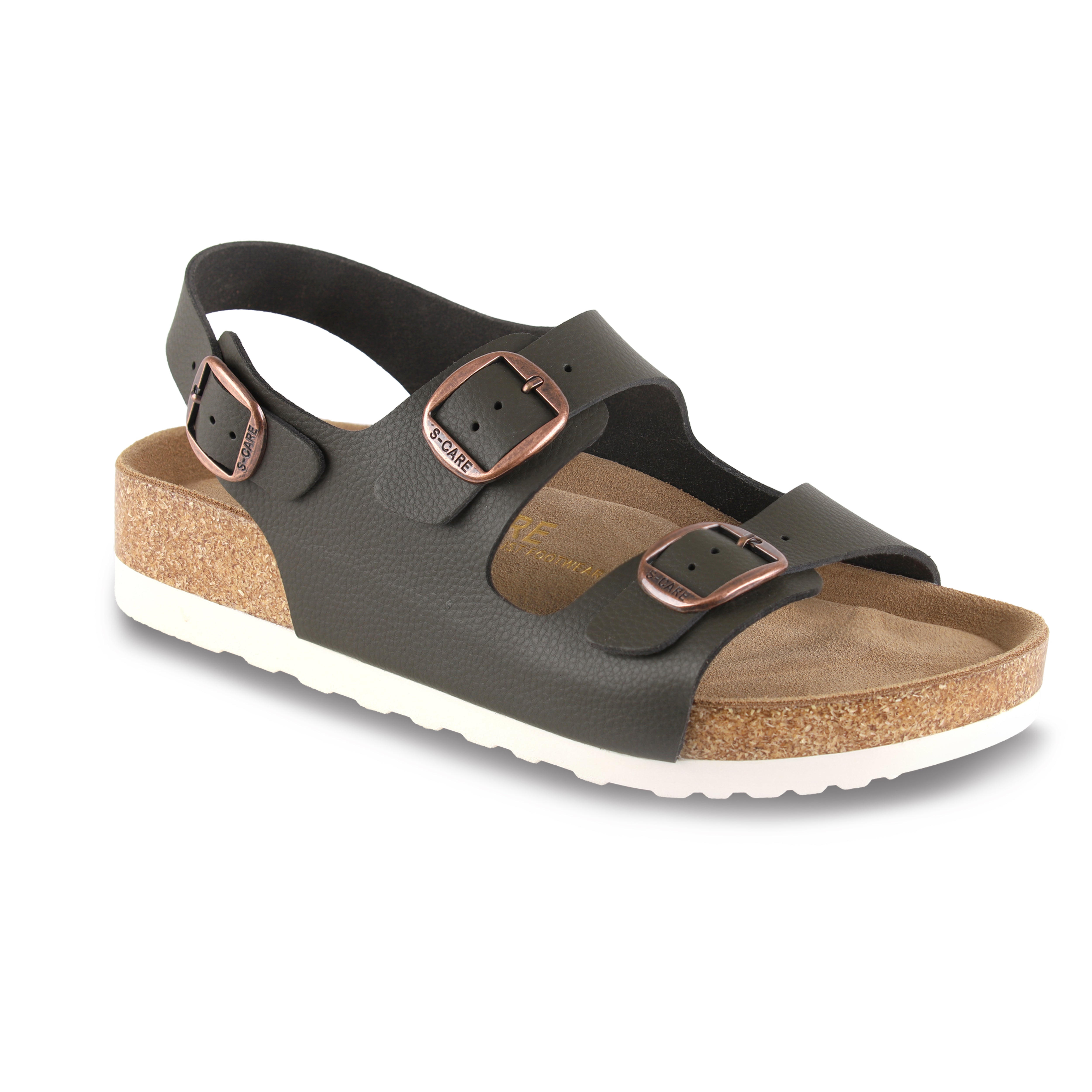 Front view of S-CARE Bali Sandals in army green, showing the toe-post design with broad upper strap.