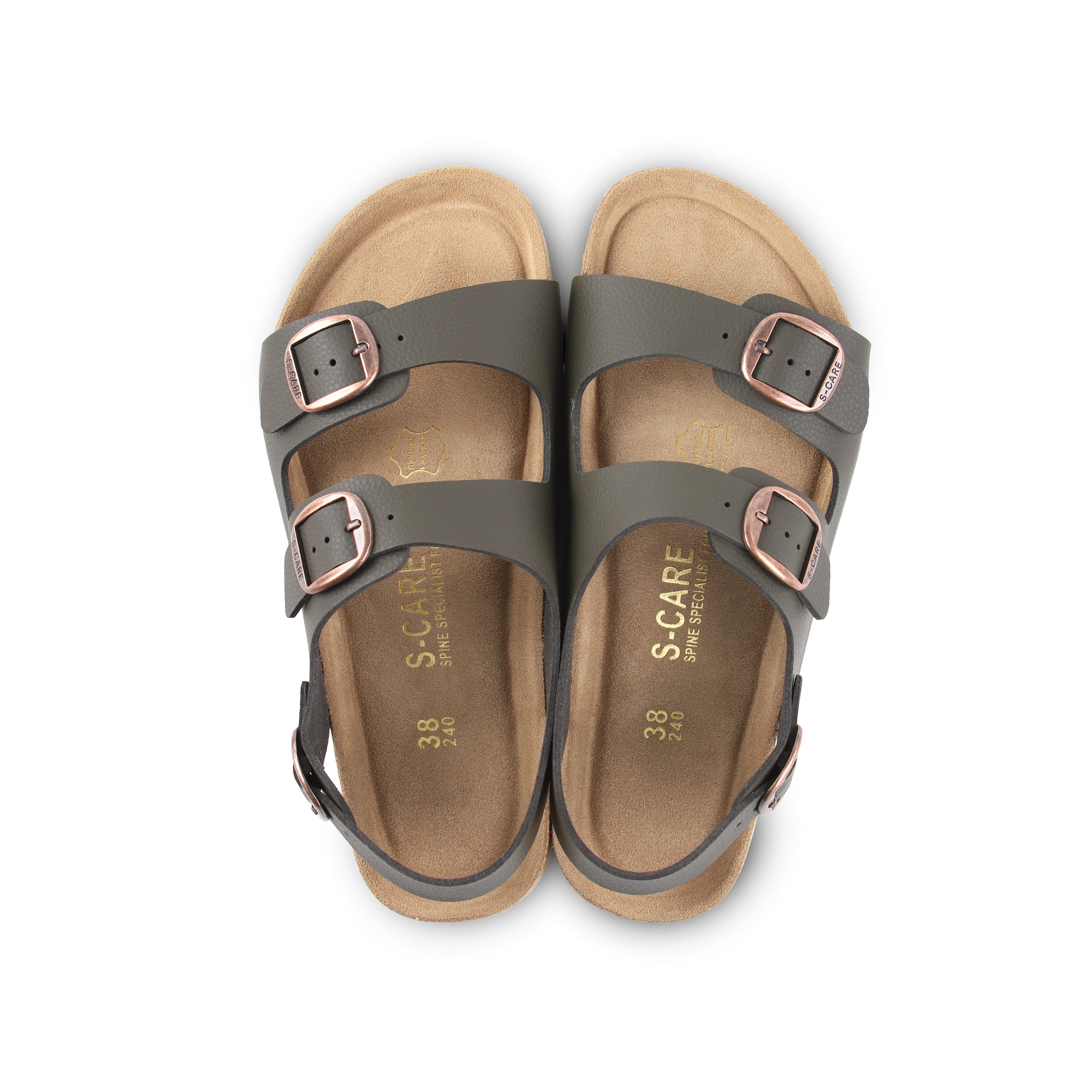 Top-down view of S-CARE Bali Sandals in army green, highlighting the contoured footbed and arch support.