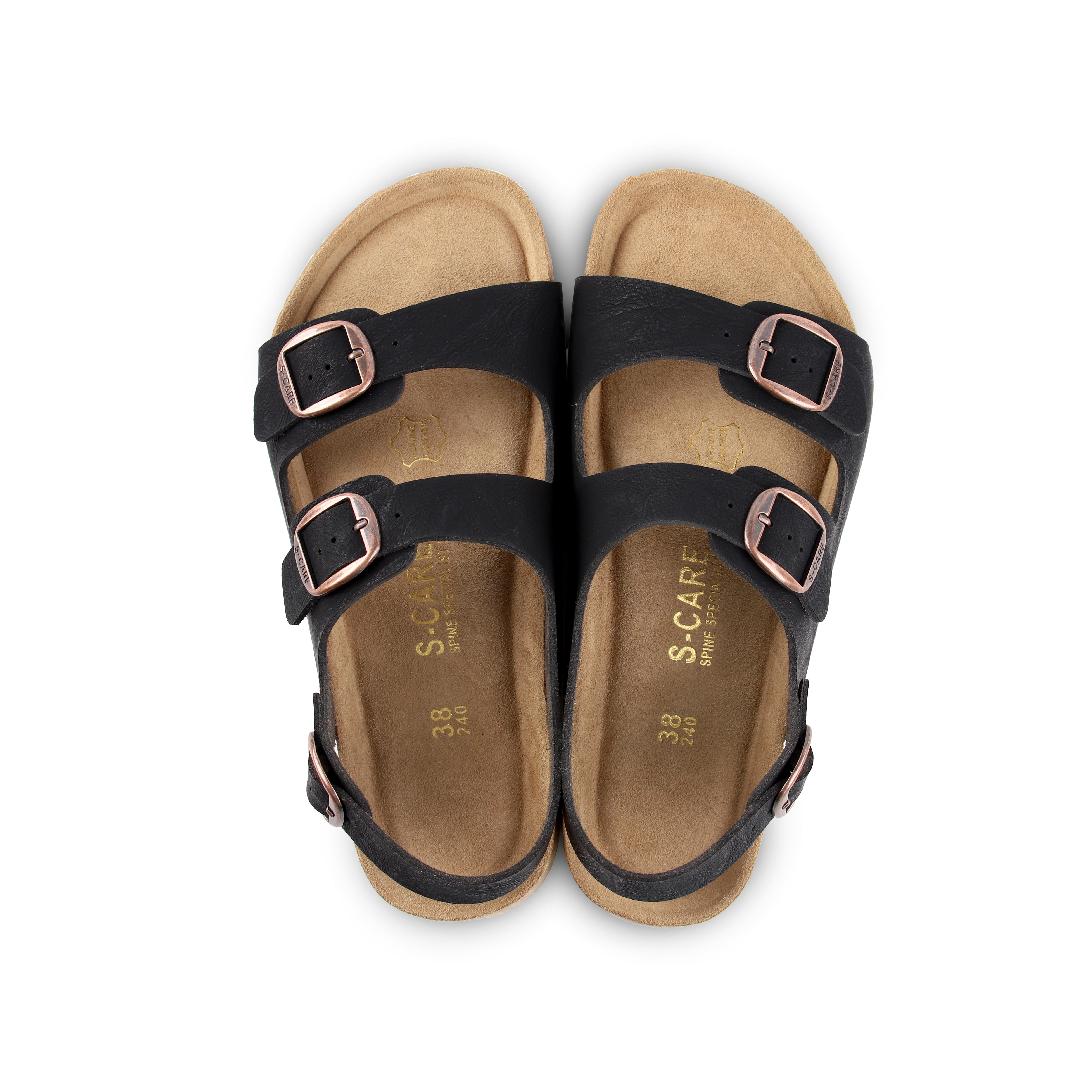 Top-down view of S-CARE Bali Sandals in black, highlighting the contoured footbed and ergonomic arch support.