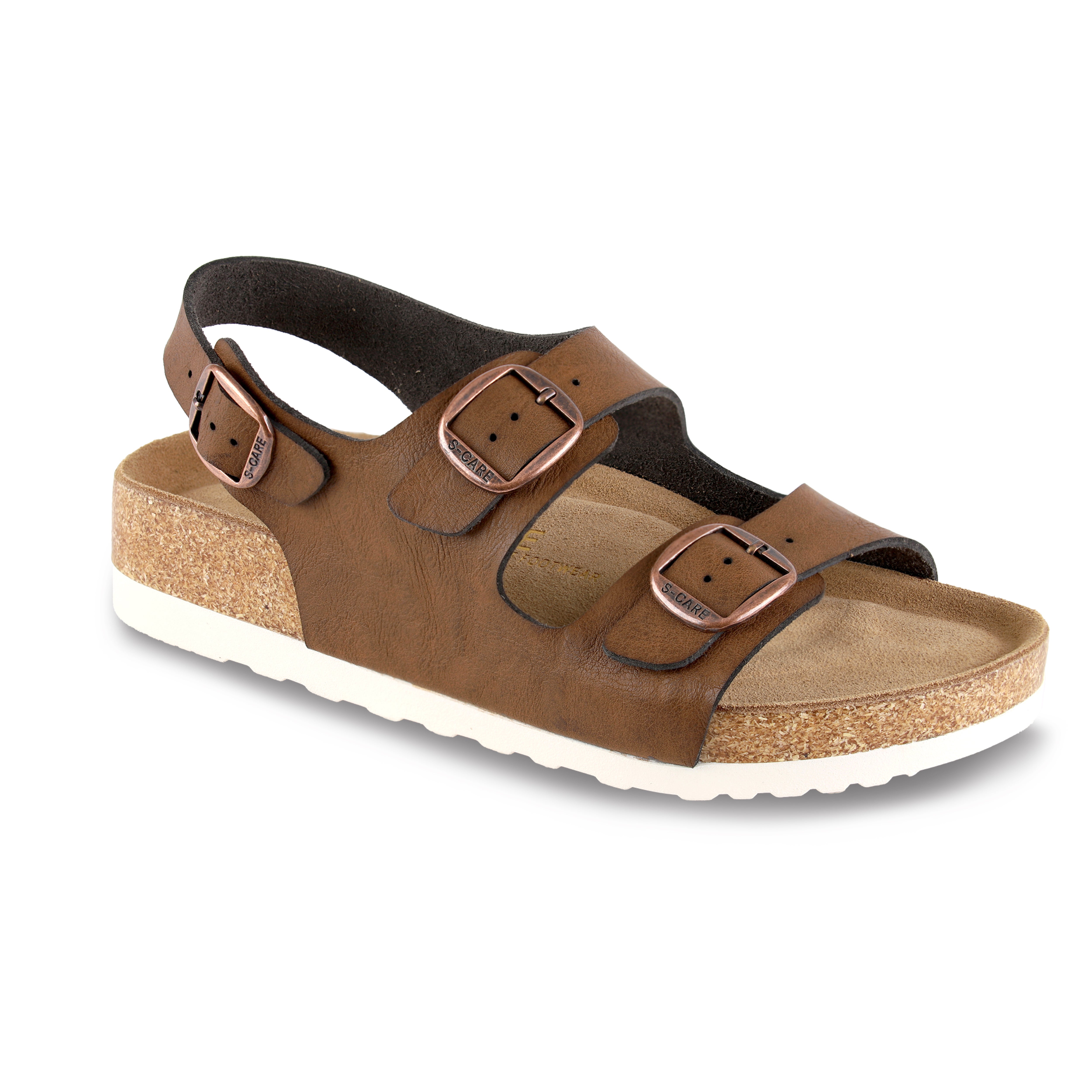Front view of S-CARE Bali Sandals in brown, showing the toe-post structure with a wide upper strap and open design.