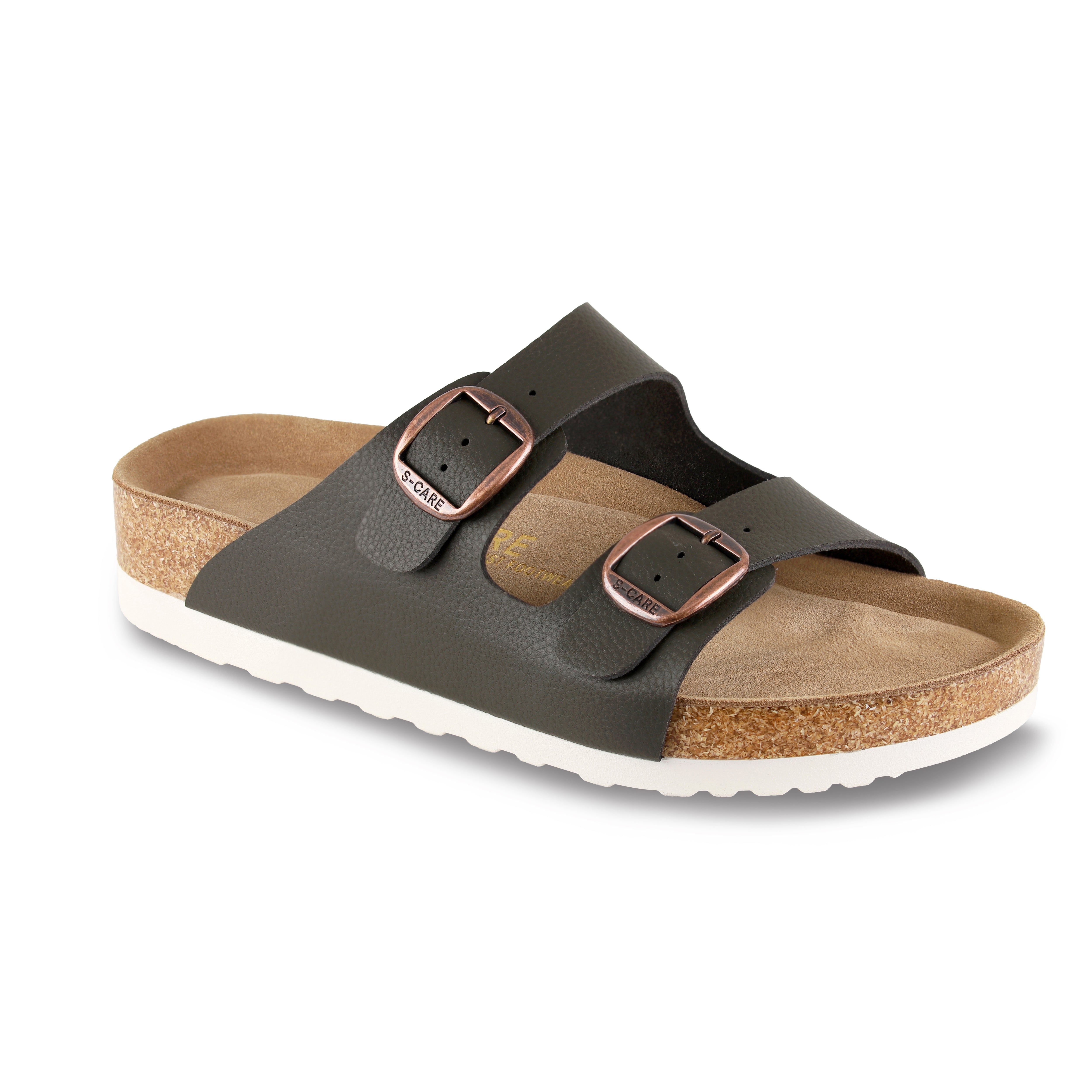 Front view of S-CARE Doha Sandals in army green, showcasing the dual-strap design and supportive silhouette.