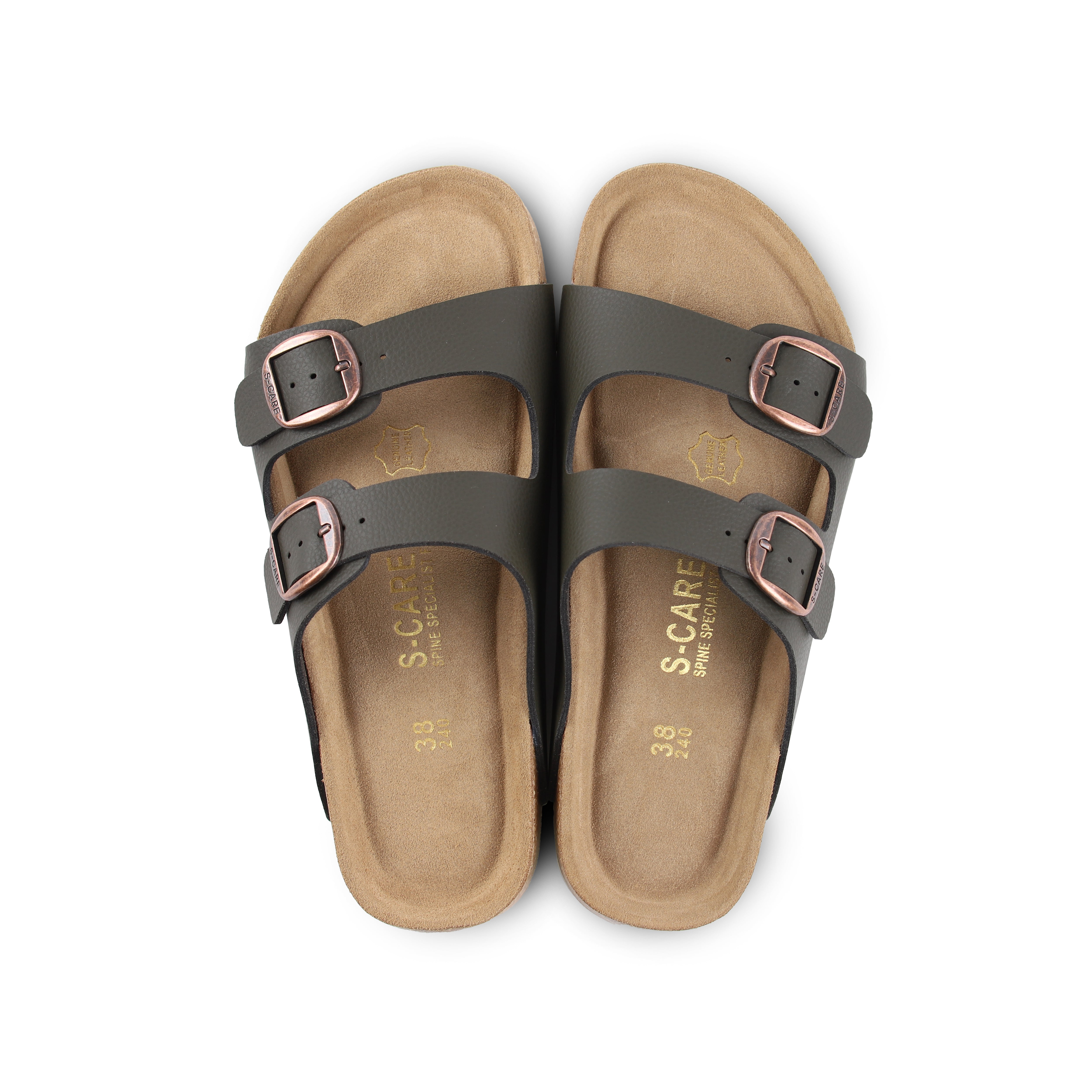 Top-down view of S-CARE Doha Sandals in army green, highlighting the contoured footbed and structured arch support.