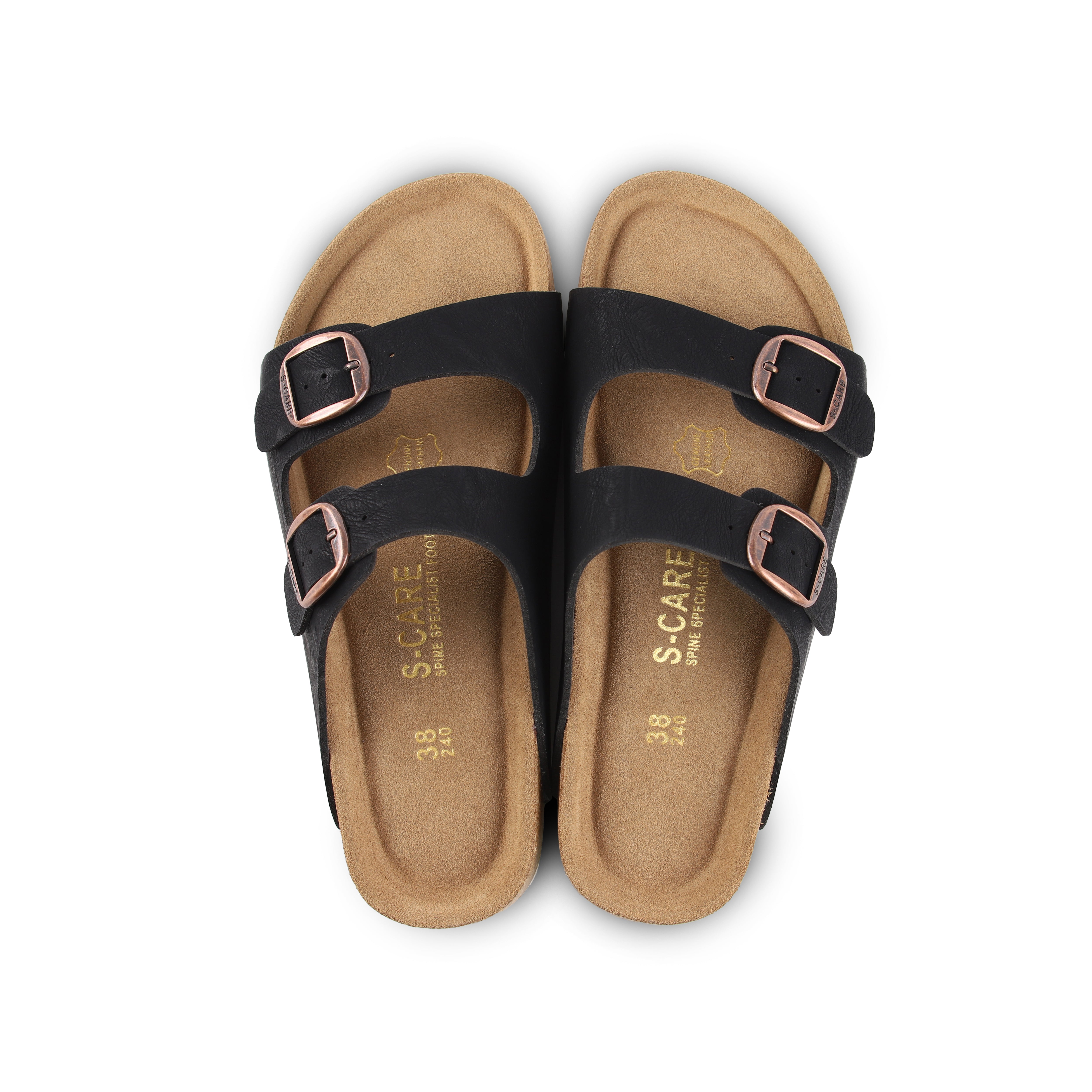 Top-down view of S-CARE Doha Sandals in black, showing the contoured footbed and arch support layout.