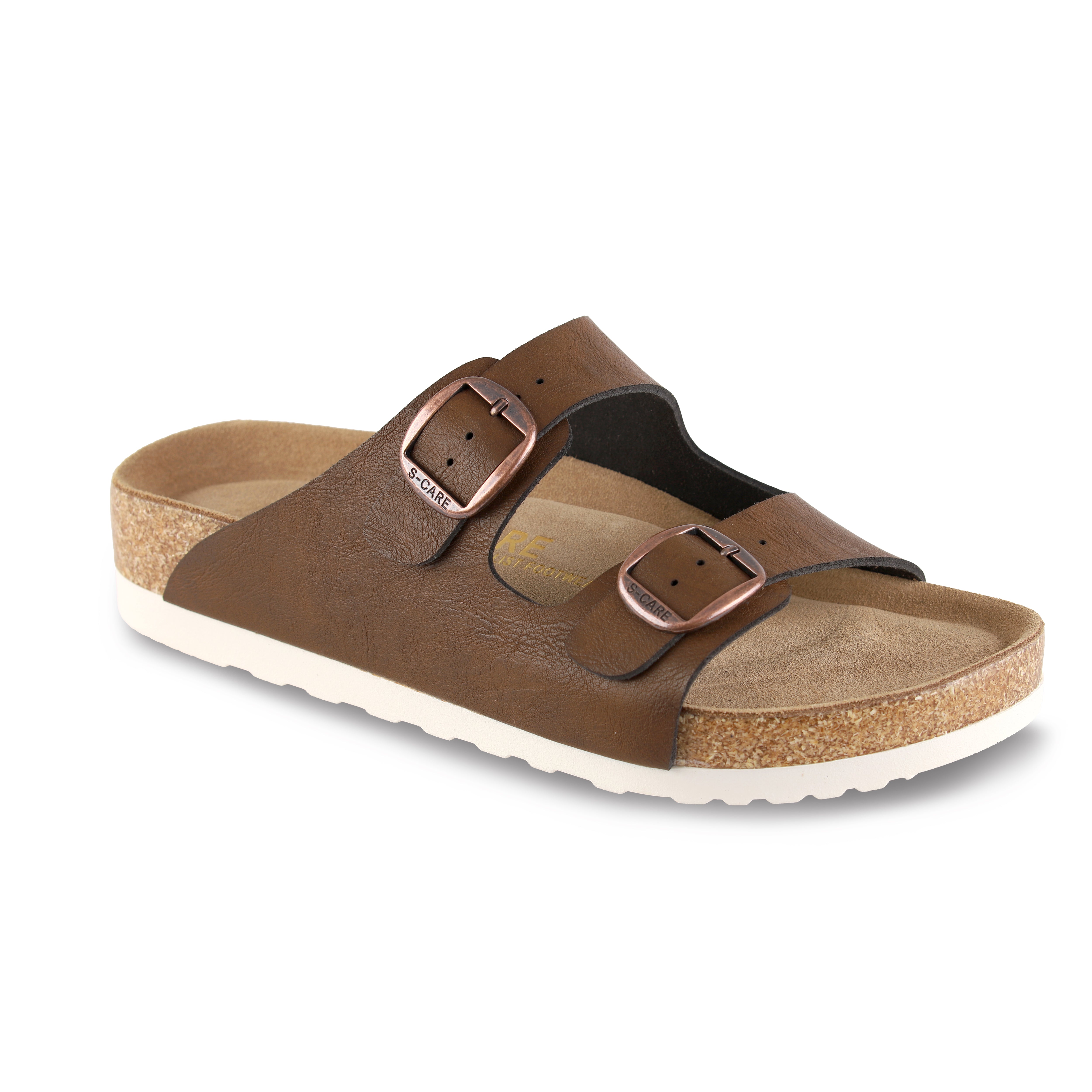 Front view of S-CARE Doha Sandals in brown, emphasizing the earthy tone and durable dual-strap design.