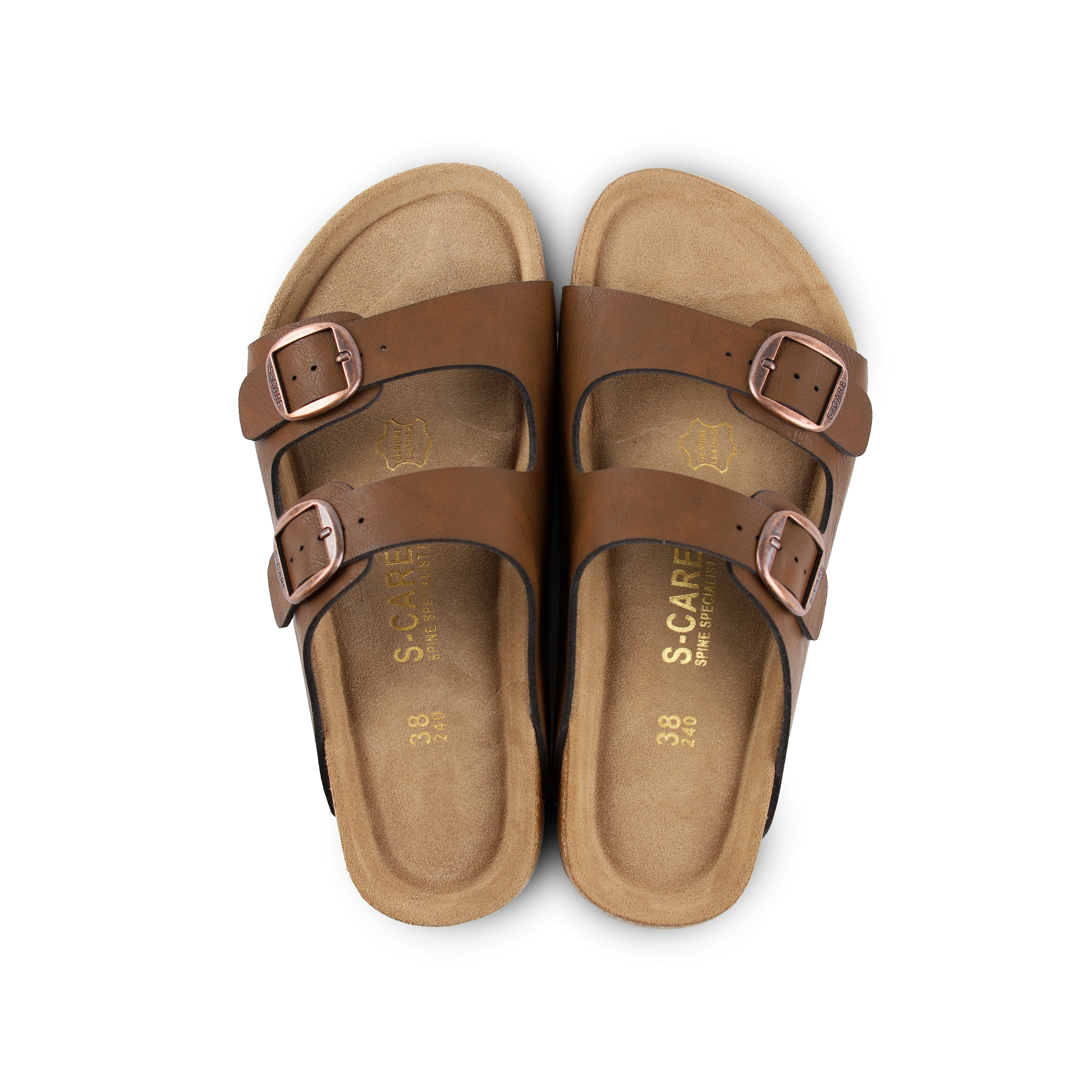 Top-down view of S-CARE Doha Sandals in brown, showcasing the footbed shape and supportive arch.
