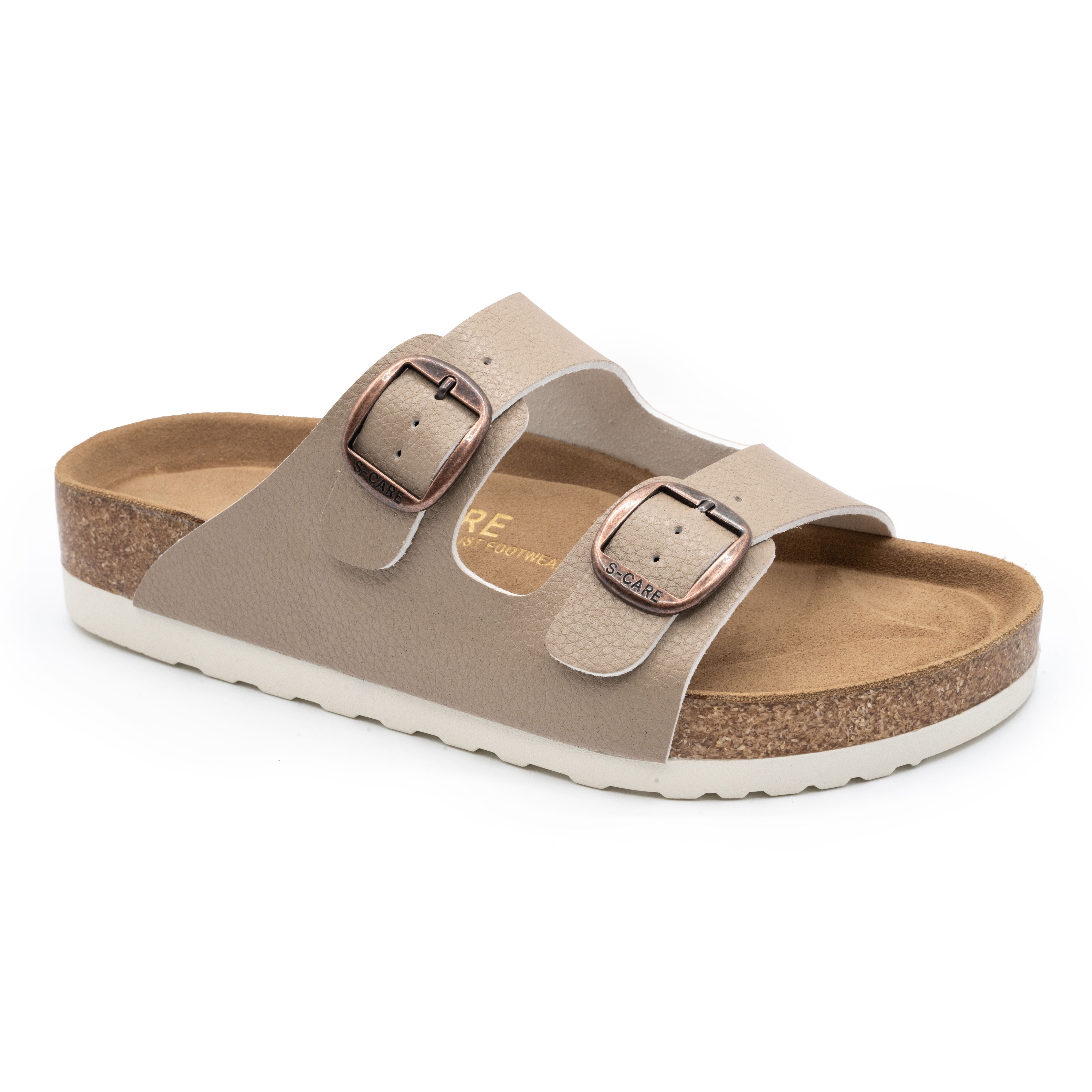 Front view of S-CARE Doha Sandals in khaki, showcasing the dual-strap design and supportive silhouette.
