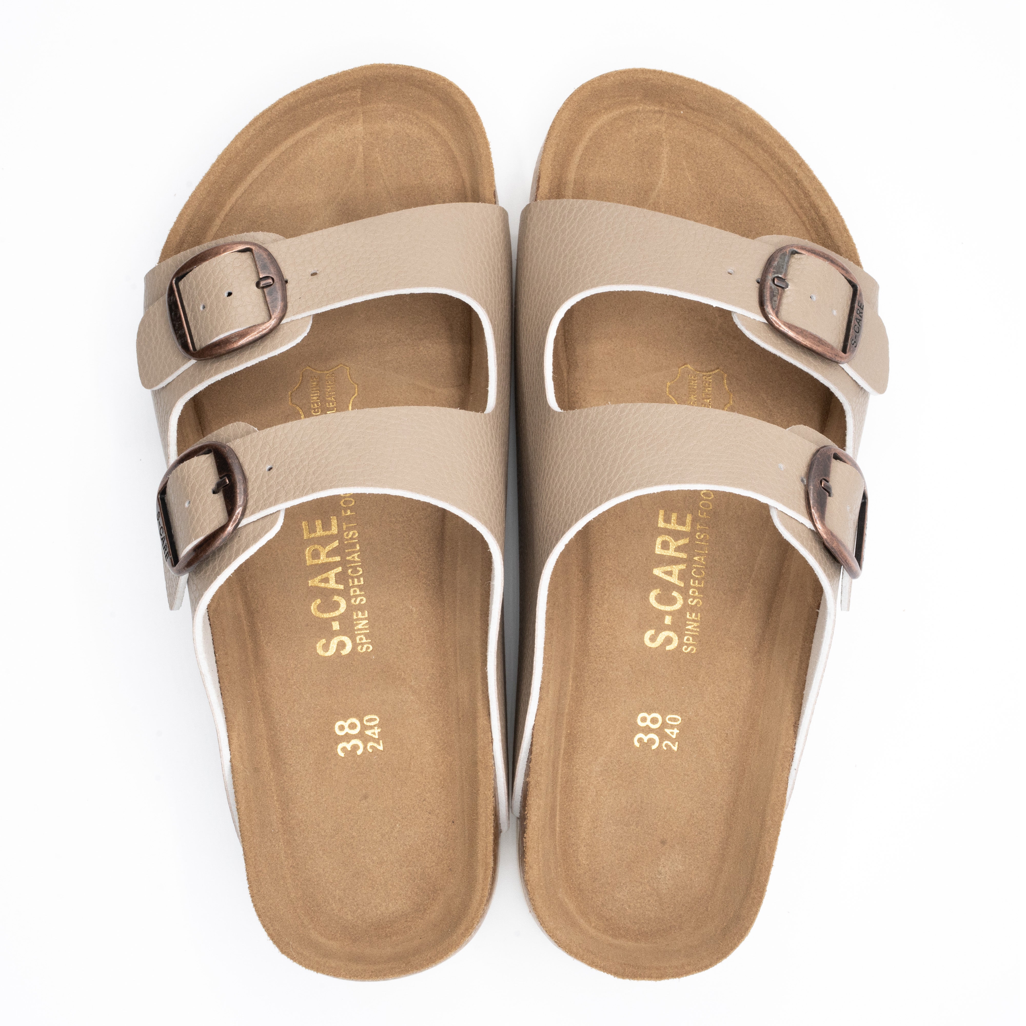 Top-down view of S-CARE Doha Sandals in khaki, highlighting the contoured footbed and structured arch support.