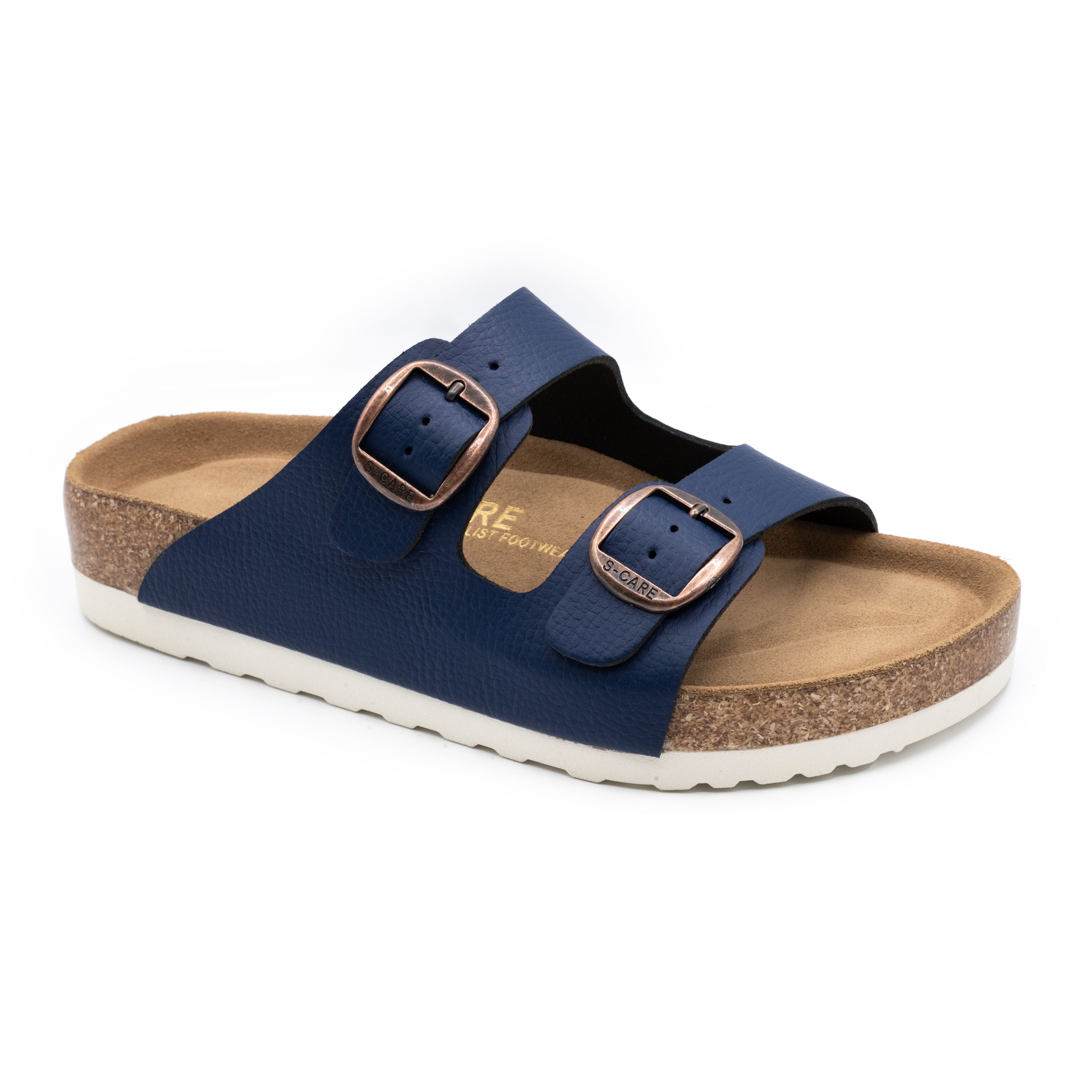 Front view of S-CARE Doha Sandals in navy, showcasing the dual-strap design and supportive silhouette.