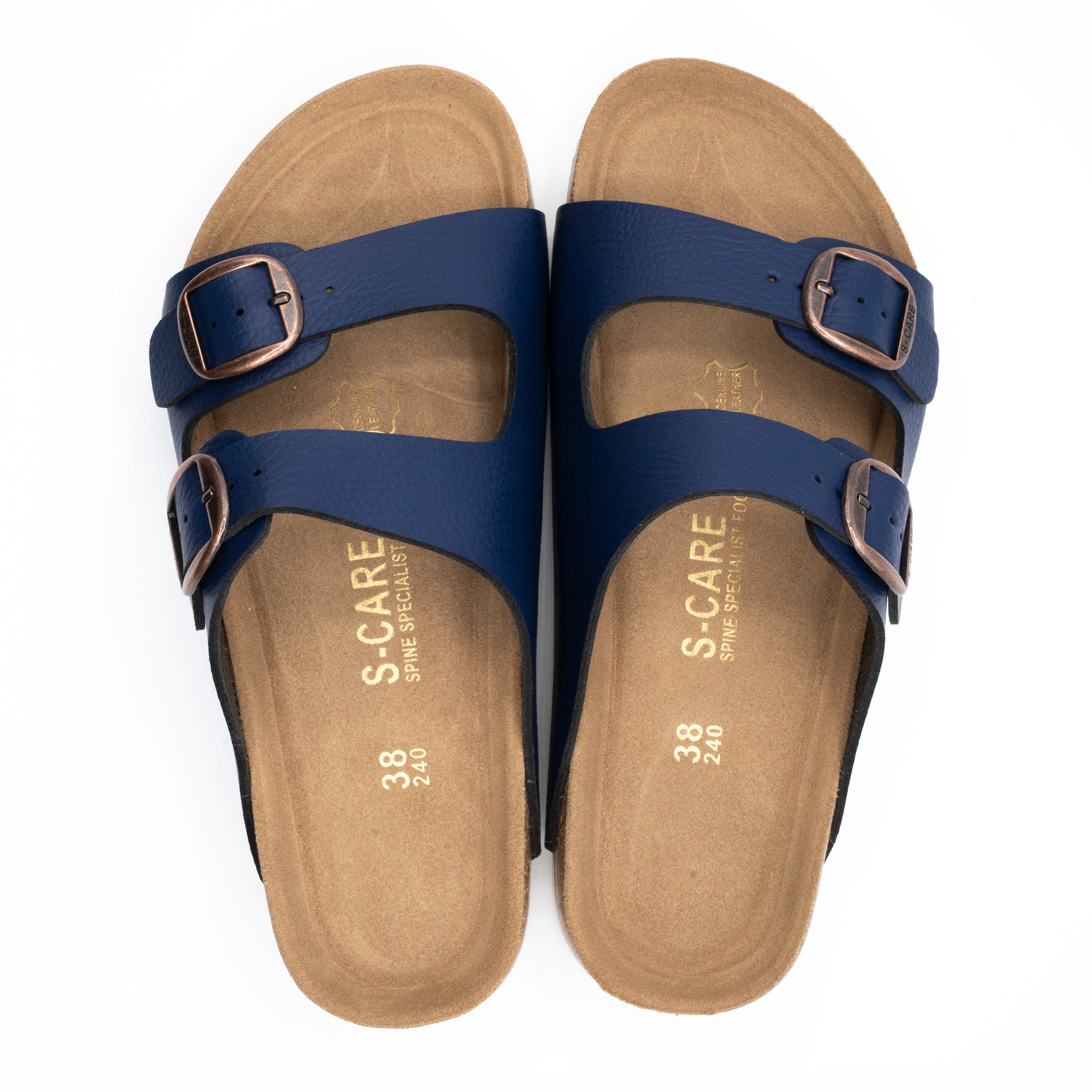 Top-down view of S-CARE Doha Sandals in navy, highlighting the contoured footbed and structured arch support.