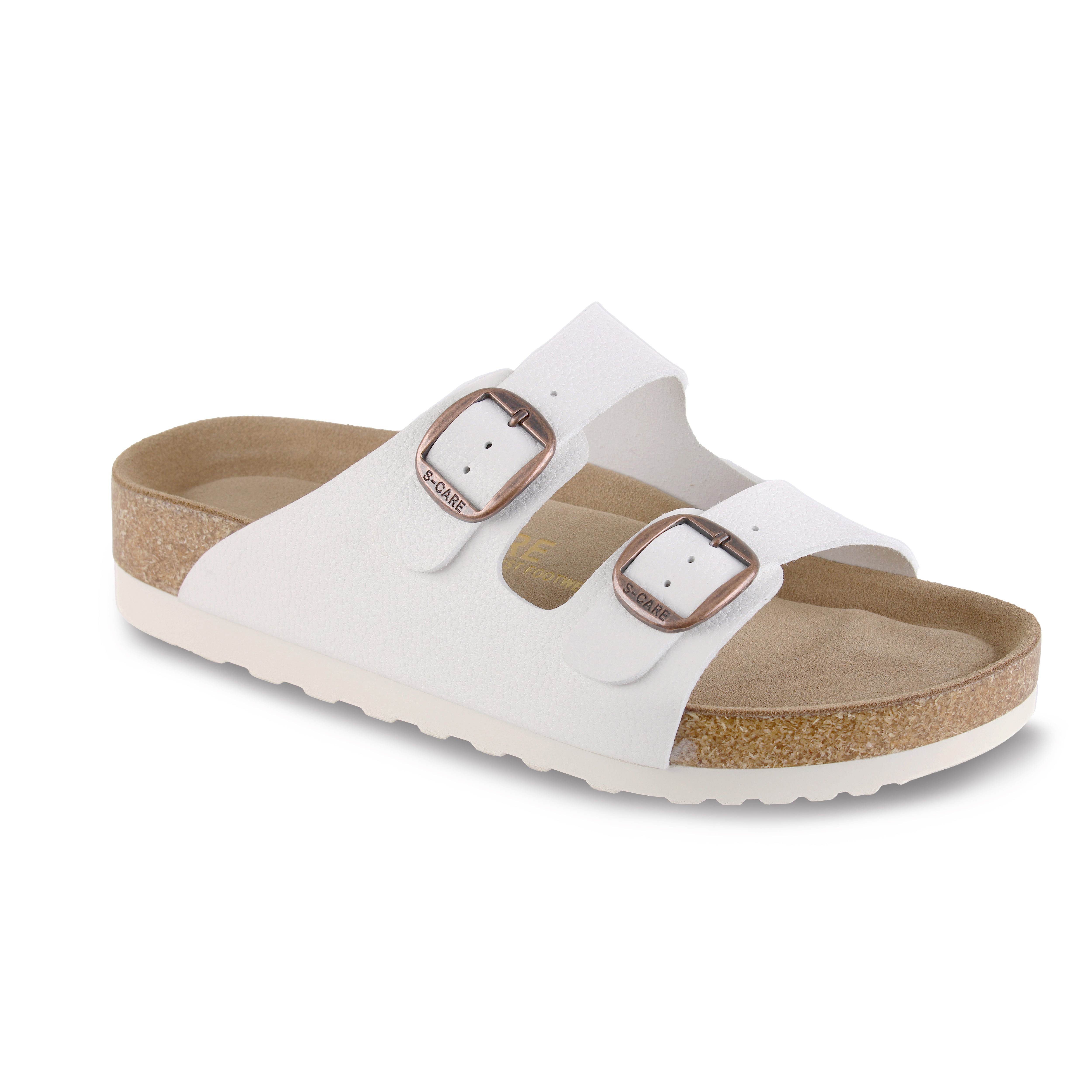 Front view of S-CARE Doha Sandals in white, showing the dual-strap design and sleek silhouette.
