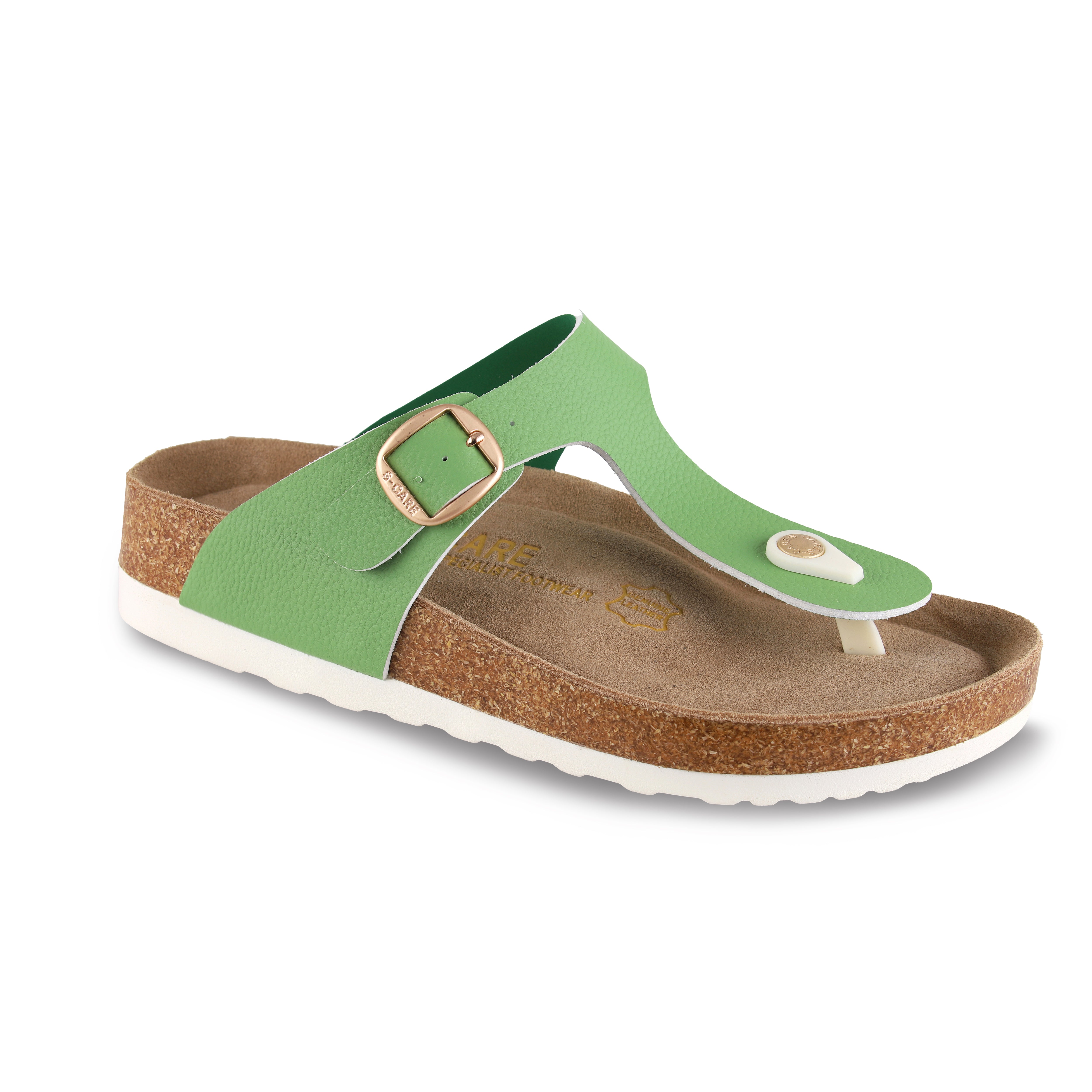 Front view of S-CARE Dubai Sandals in apple green, highlighting the open-toe design and soft footbed.