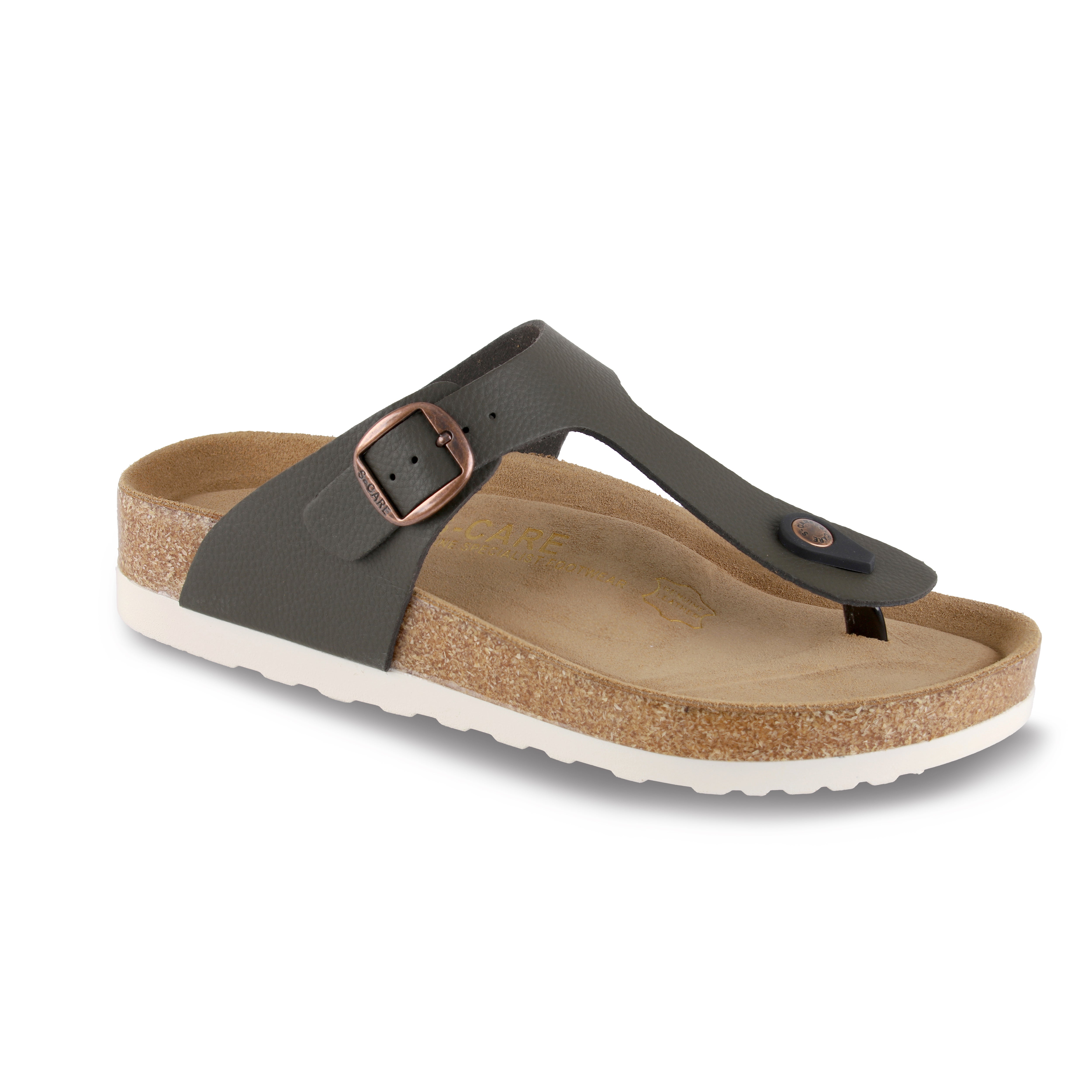 Front view of S-CARE Dubai Sandals in army green, showing the wide strap design and relaxed silhouette.
