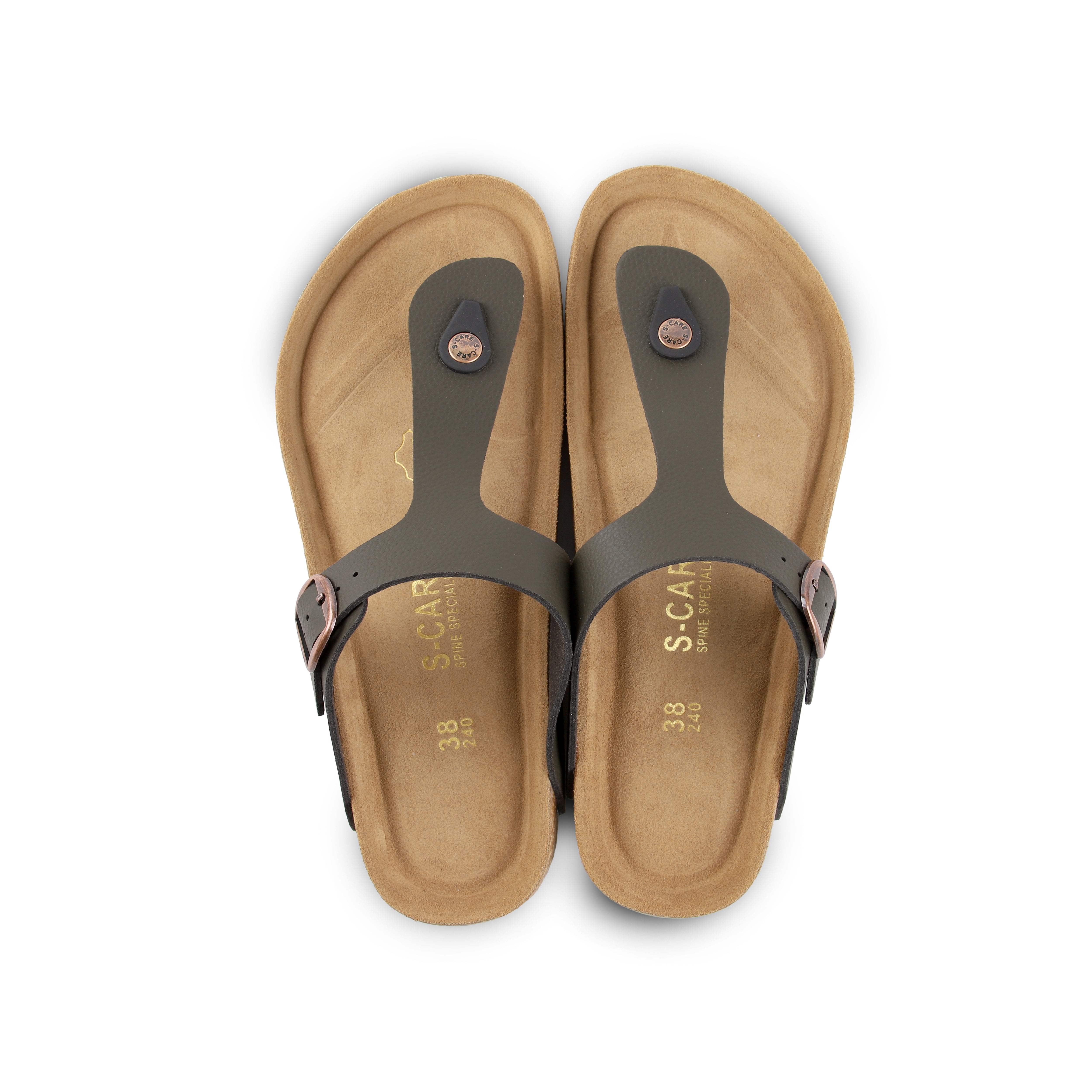 Top-down view of S-CARE Dubai Sandals in army green, showcasing footbed shape and arch structure.