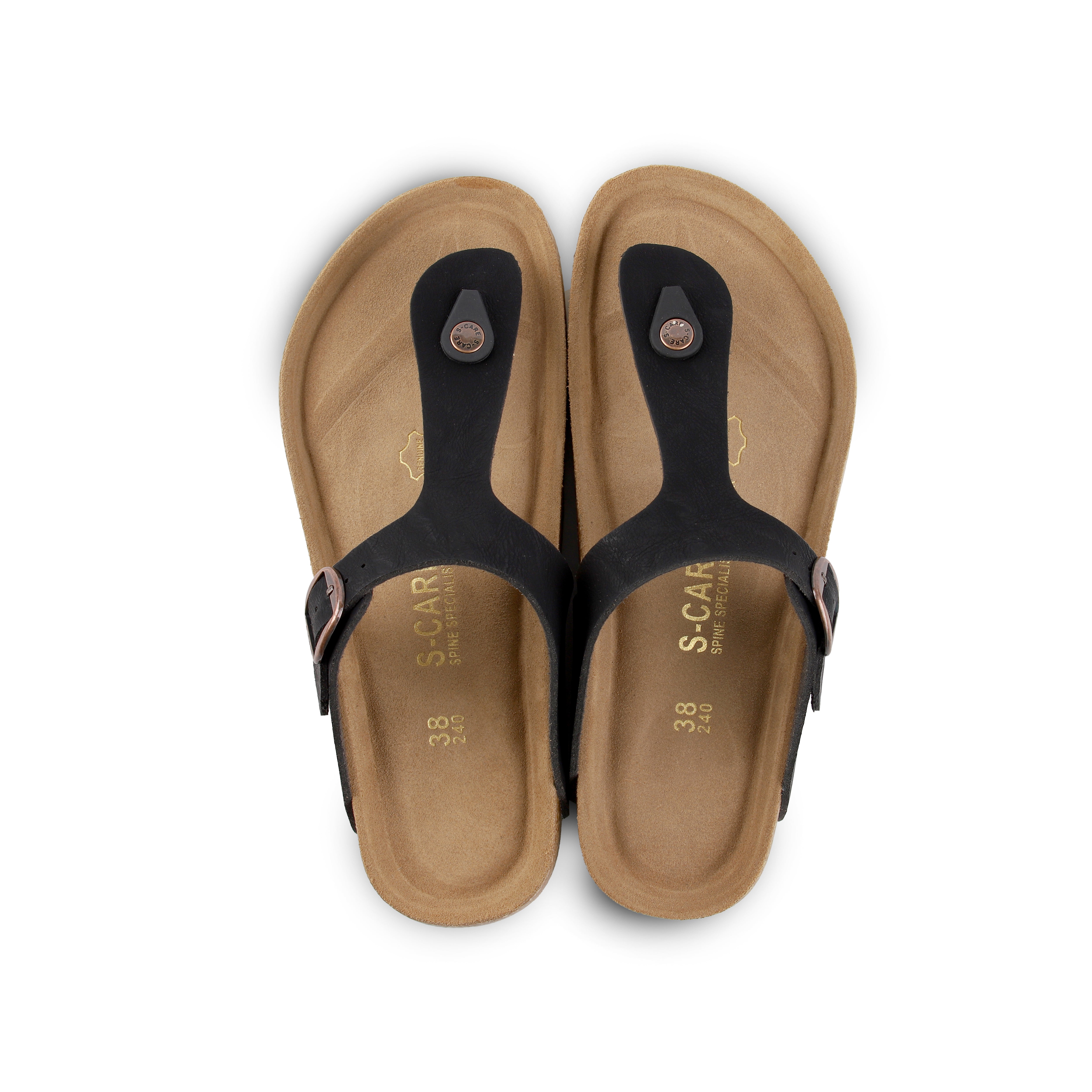 Top-down view of S-CARE Dubai Sandals in black, focusing on the ergonomic footbed and structured support.