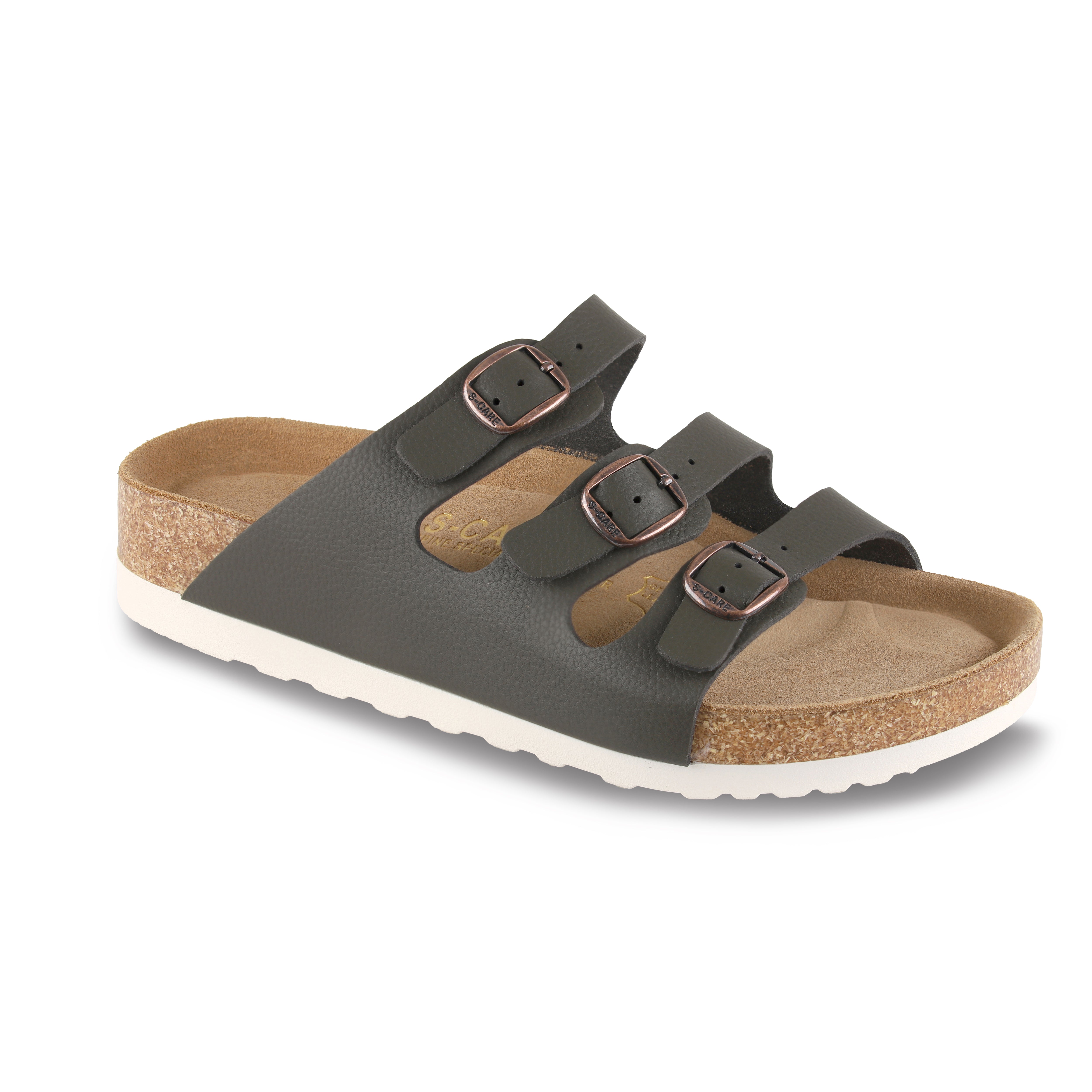 Front view of S-CARE Muscat Sandals in army green, showing strap design and silhouette.