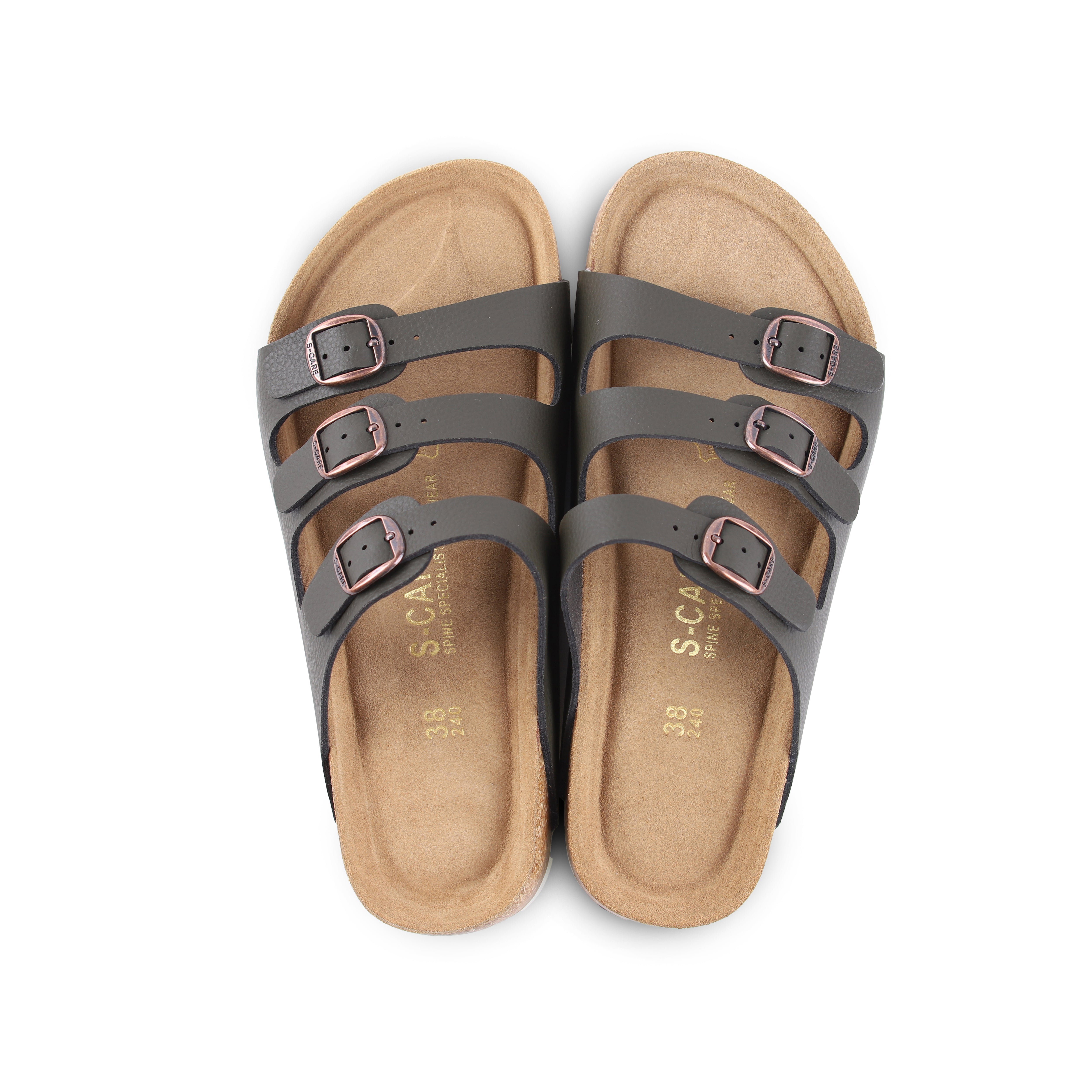 Top-down view of S-CARE Muscat Sandals in army green, highlighting footbed and arch support.
