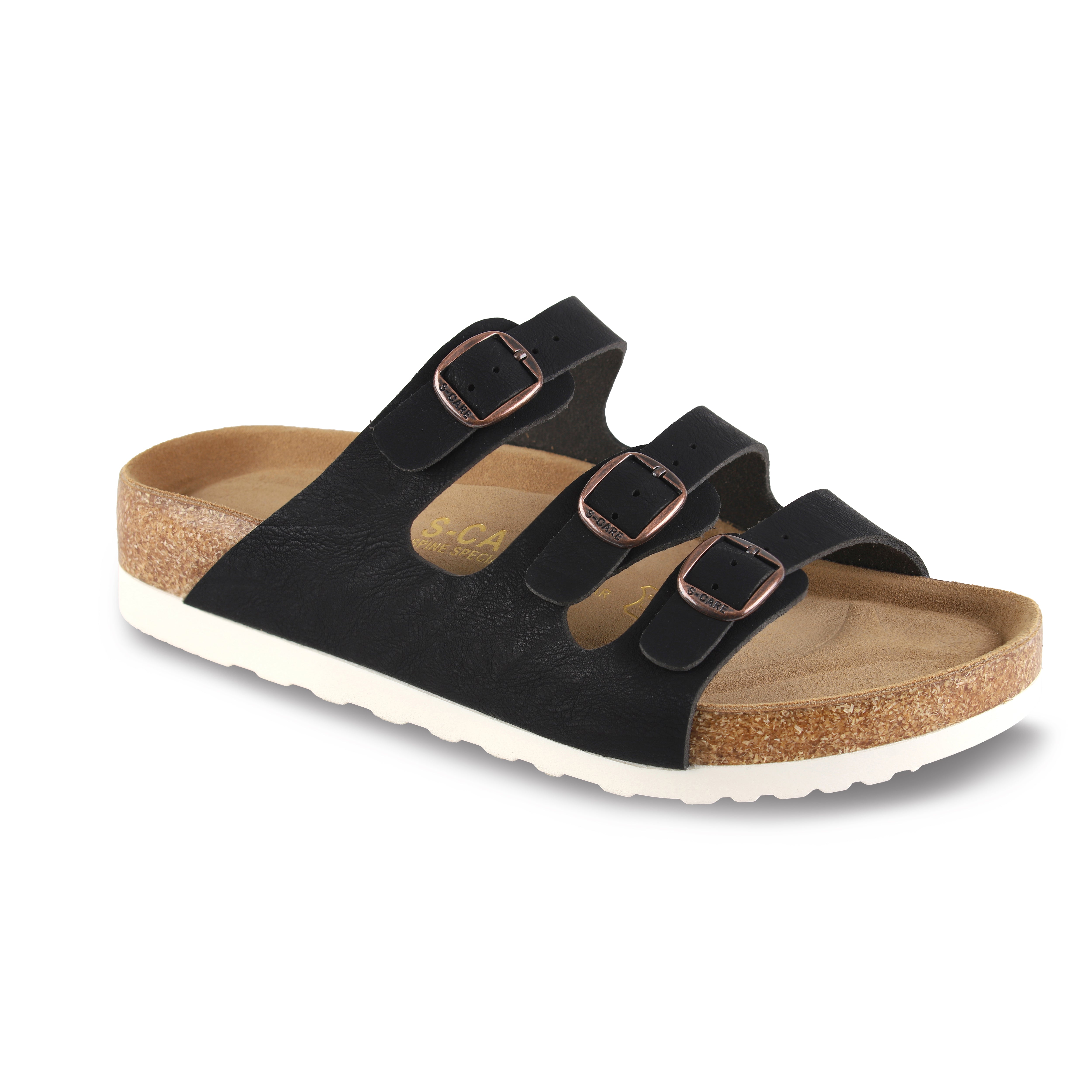Front view of S-CARE Muscat Sandals in black, showing the strap design and overall silhouette.