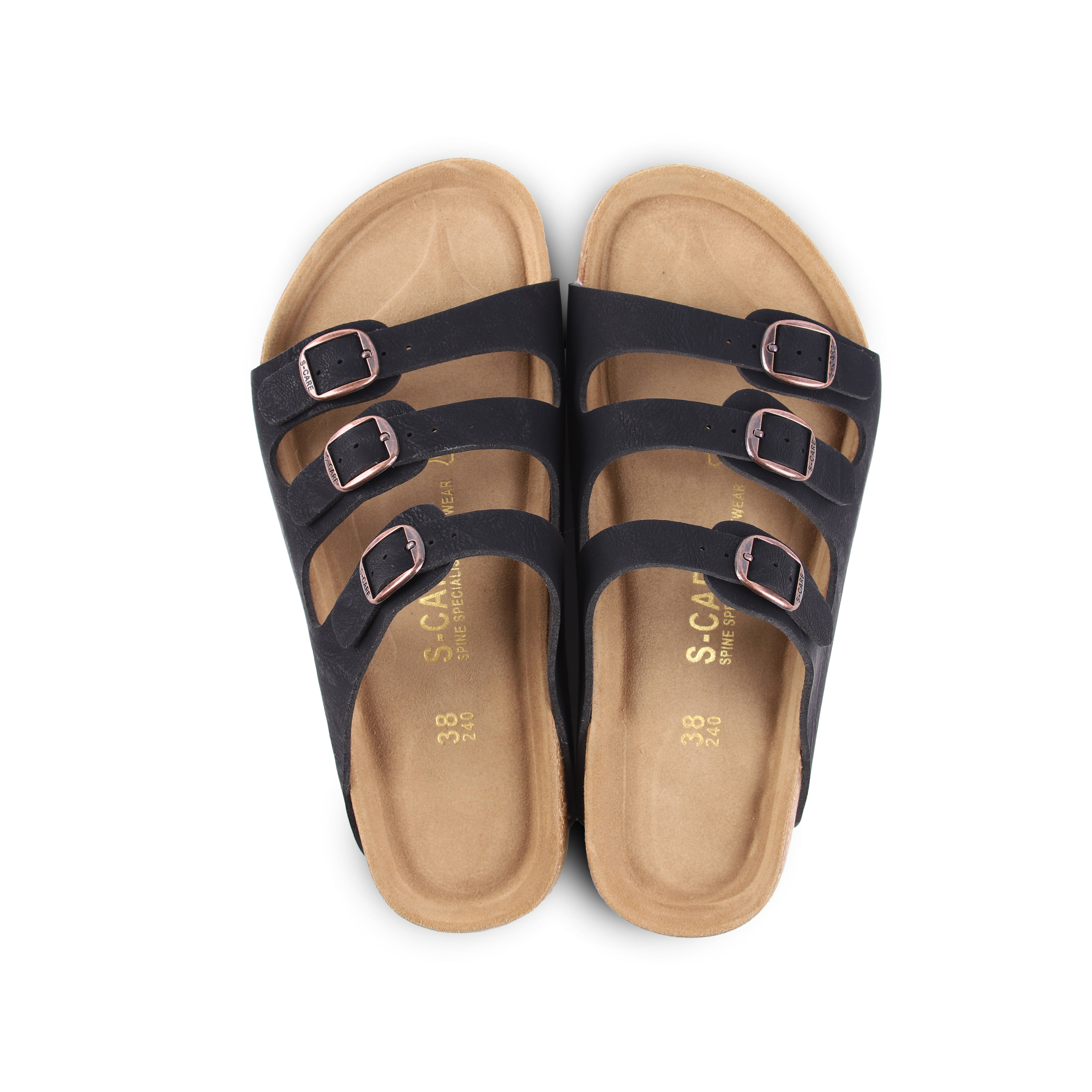Top-down view of S-CARE Muscat Sandals in black, highlighting the footbed contour and arch support.