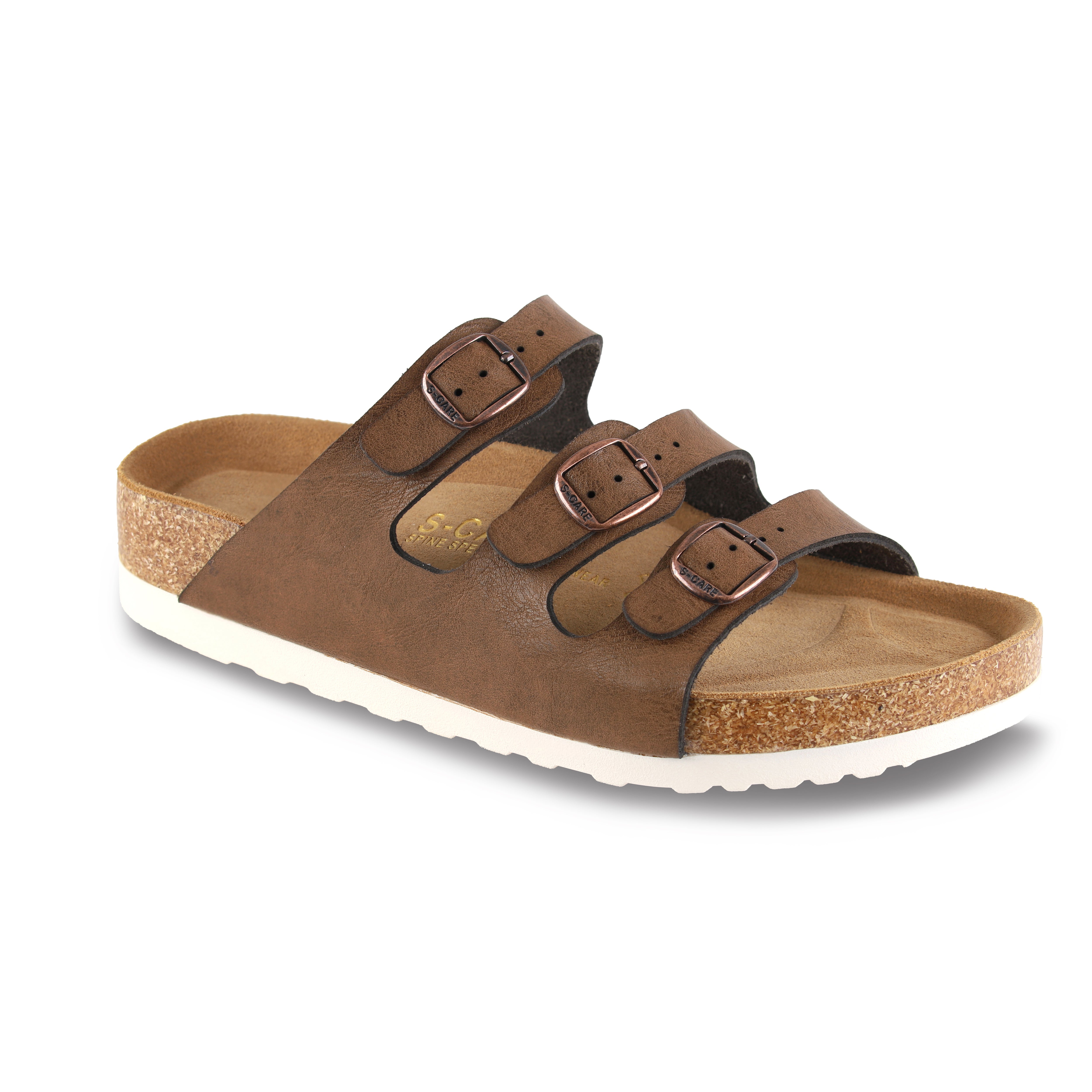 Front view of S-CARE Muscat Sandals in brown, showing the strap design and overall silhouette.