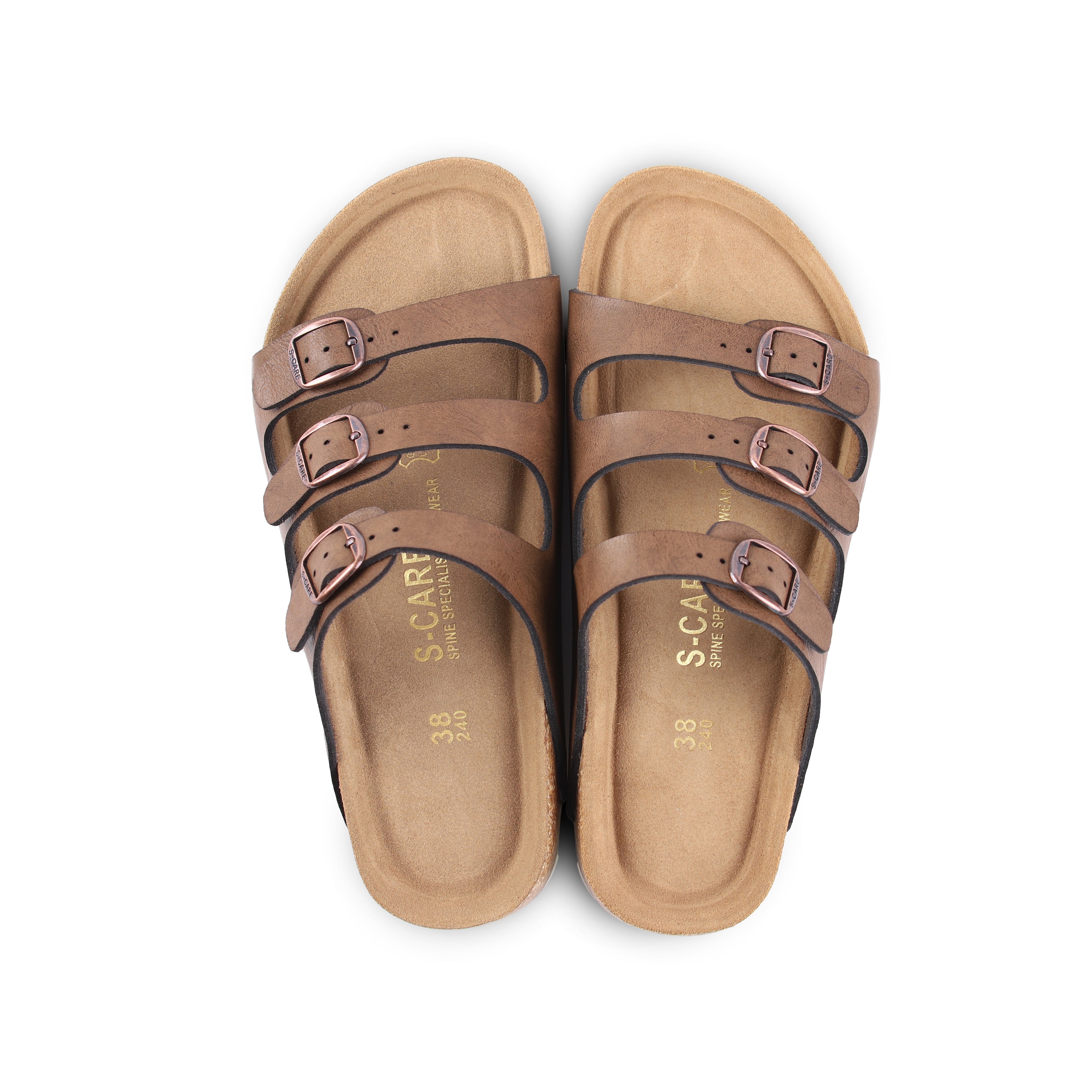 Top-down view of S-CARE Muscat Sandals in brown, highlighting the footbed contour and arch support.