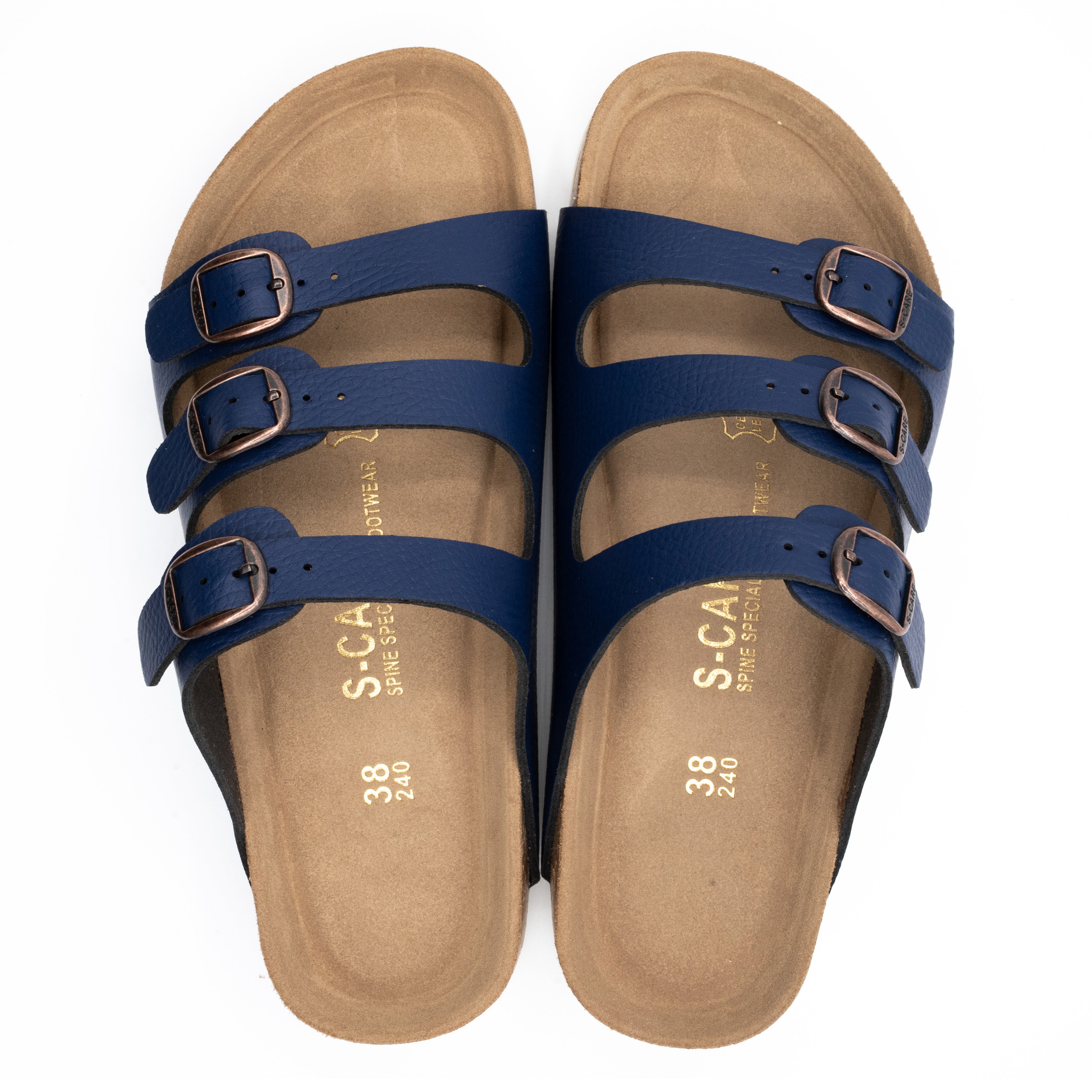 Top-down view of S-CARE Muscat Sandals in navy, highlighting footbed and arch support.