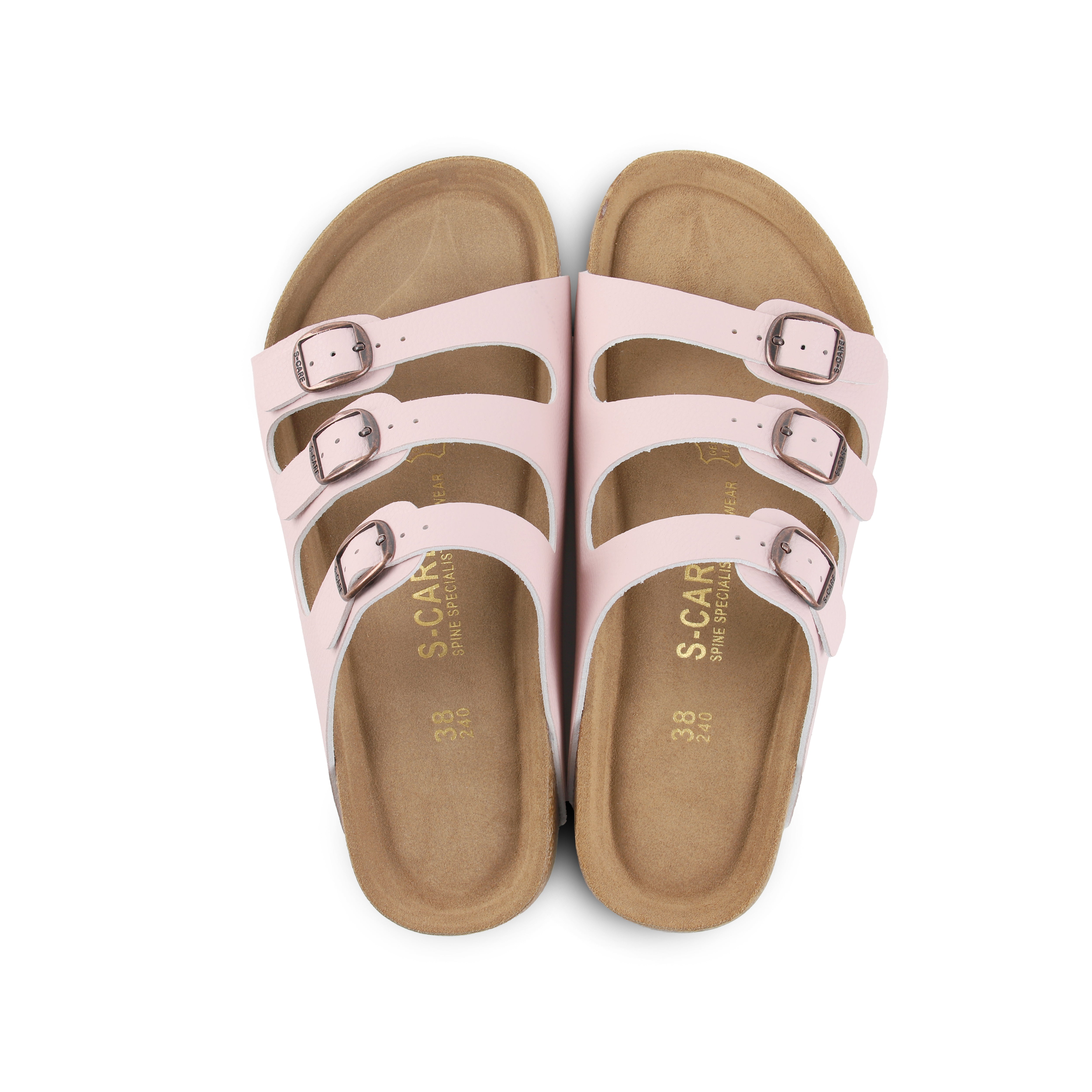 Top-down view of S-CARE Muscat Sandals in pink, highlighting the footbed shape and arch support.