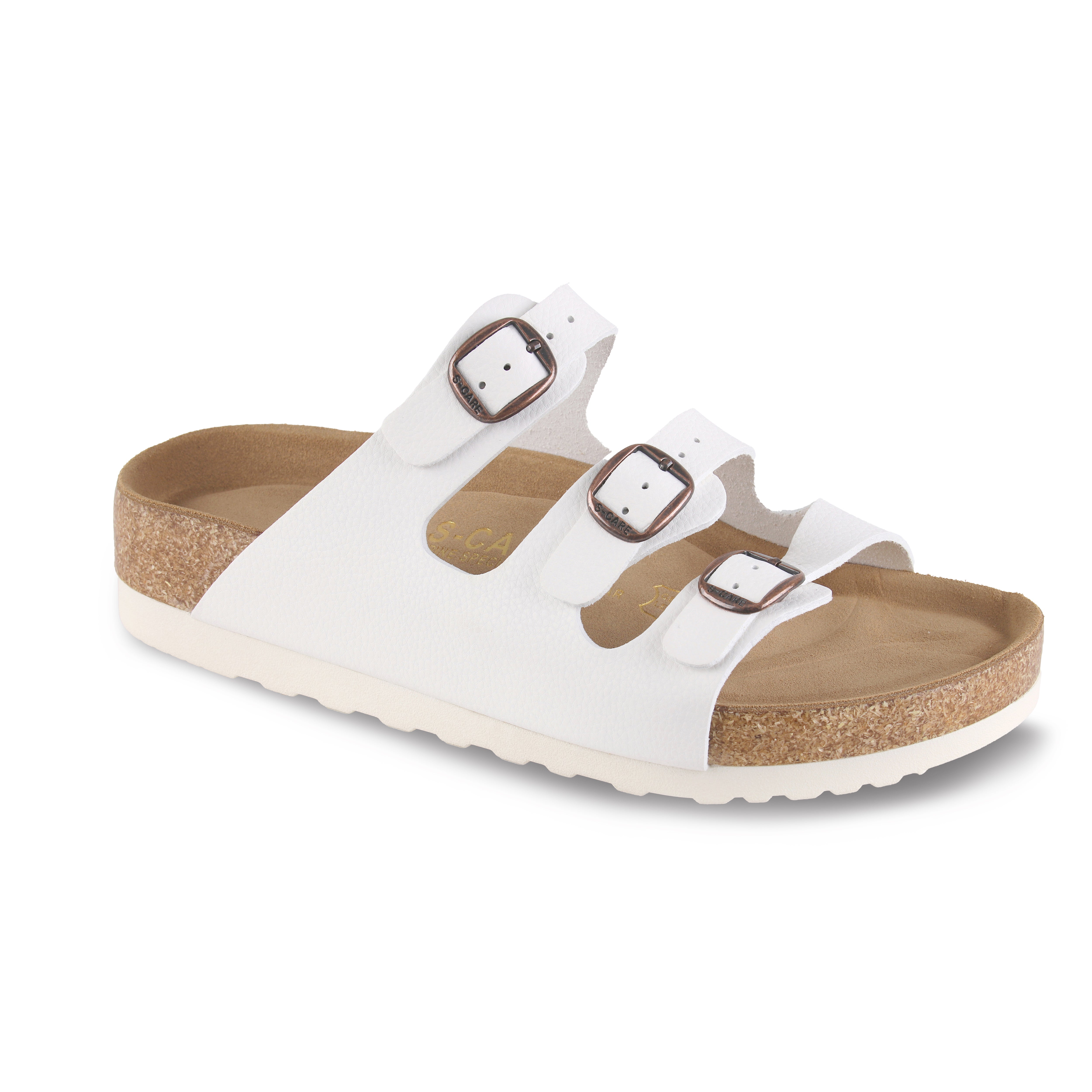 Front view of S-CARE Muscat Sandals in white, showing the strap layout and clean silhouette.