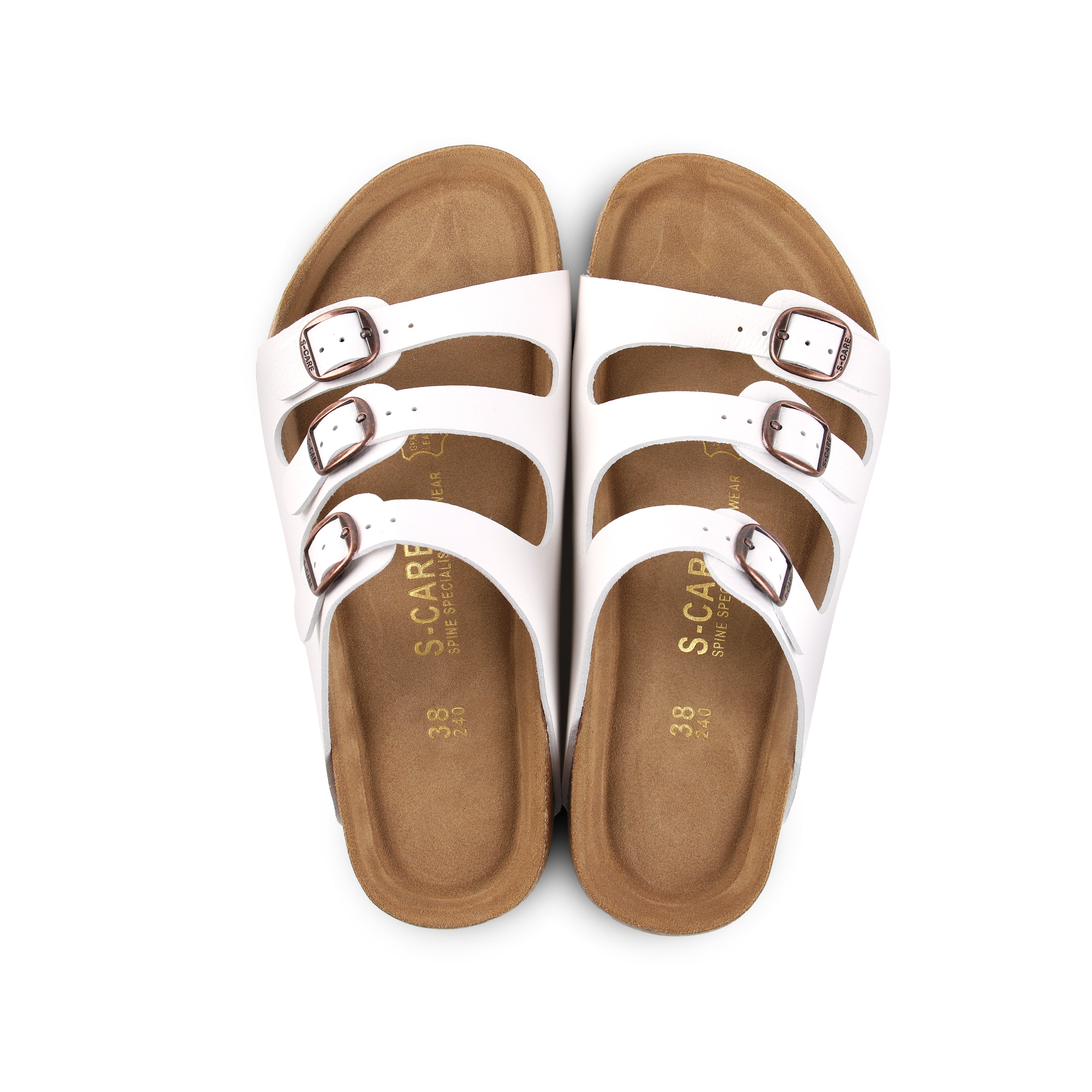 Top-down view of S-CARE Muscat Sandals in white, highlighting the footbed shape and arch support design.