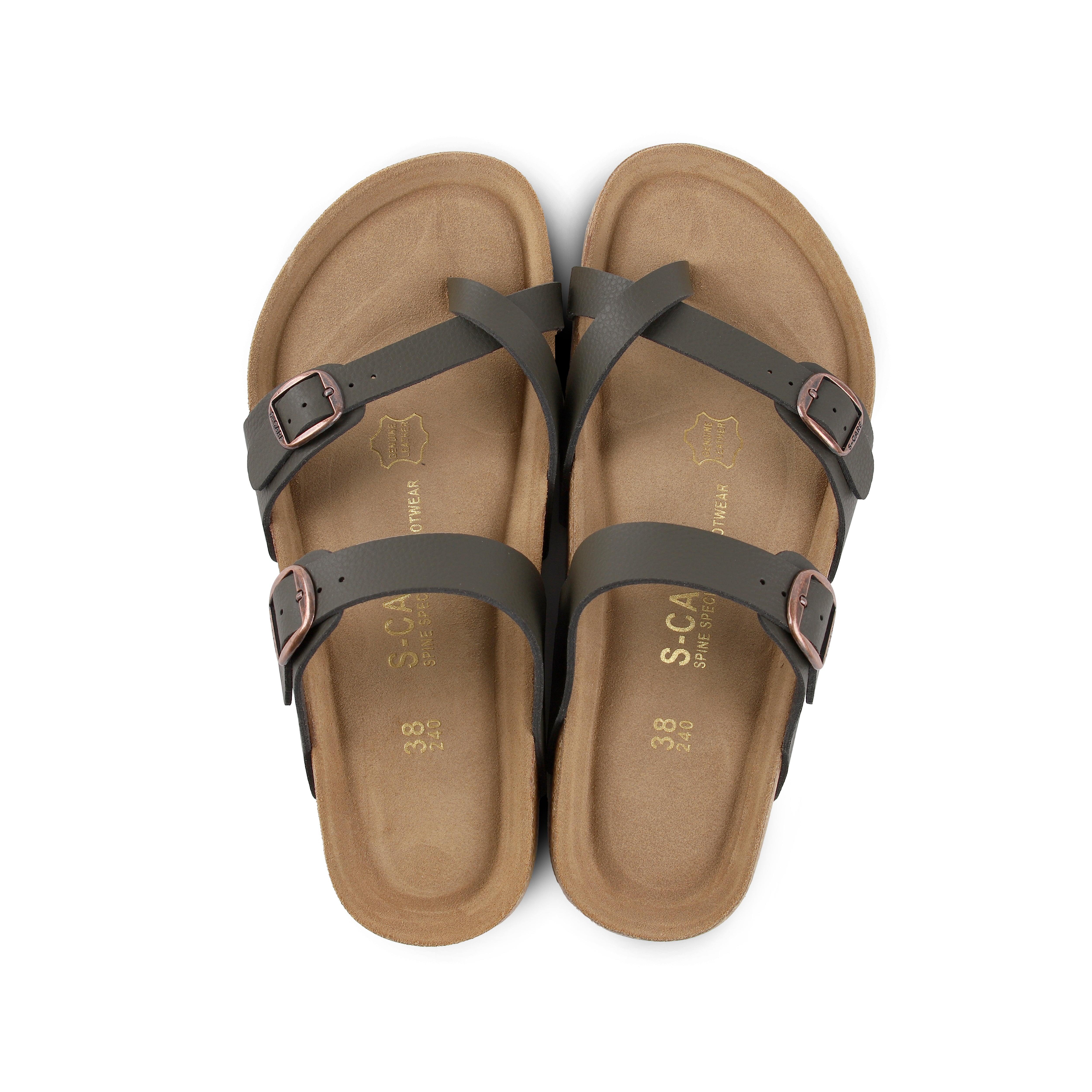 Top-down view of S-CARE Riyadh Sandals in army green, showing footbed contour and supportive arch.