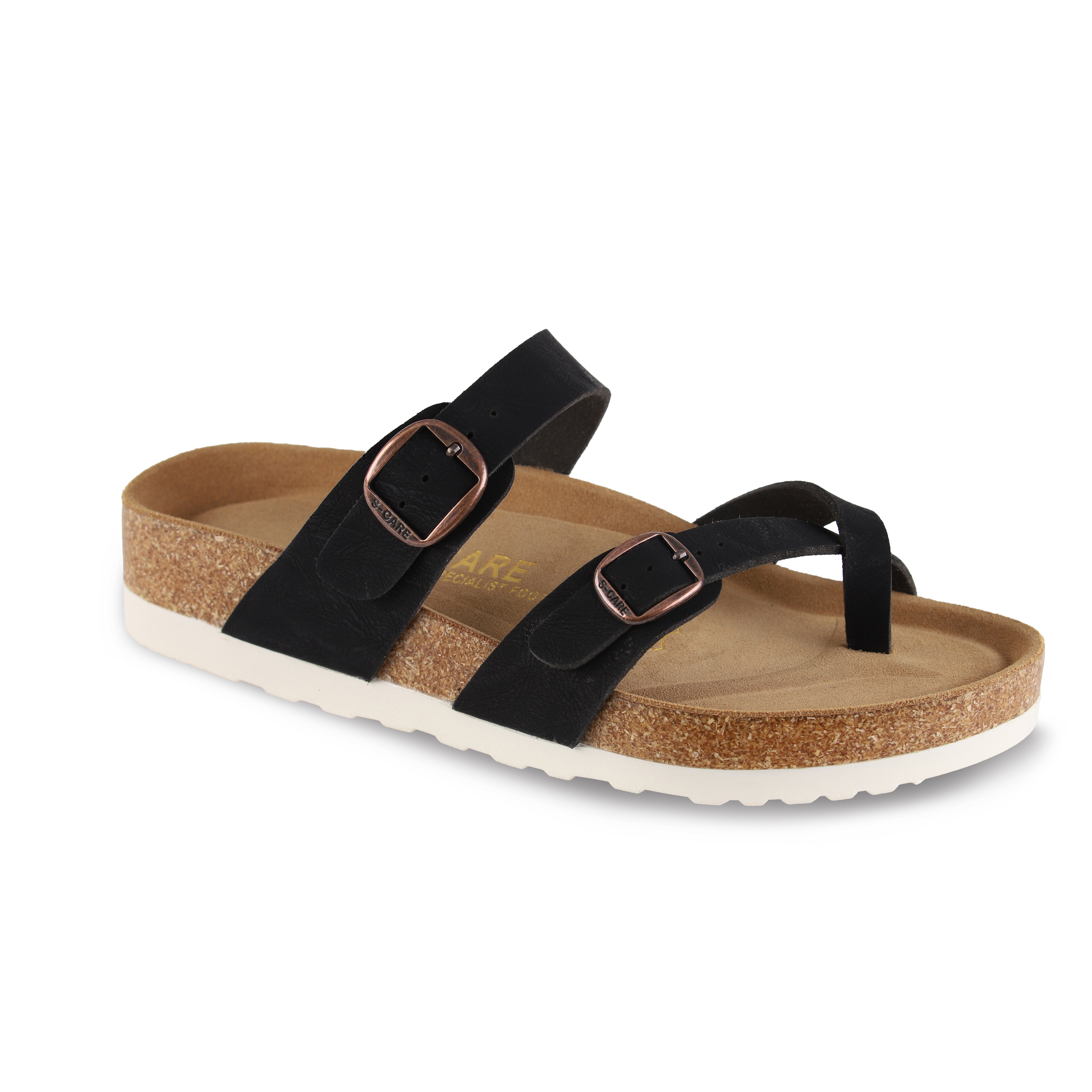 Front view of S-CARE Riyadh Sandals in black, featuring a clean and supportive dual-strap look.