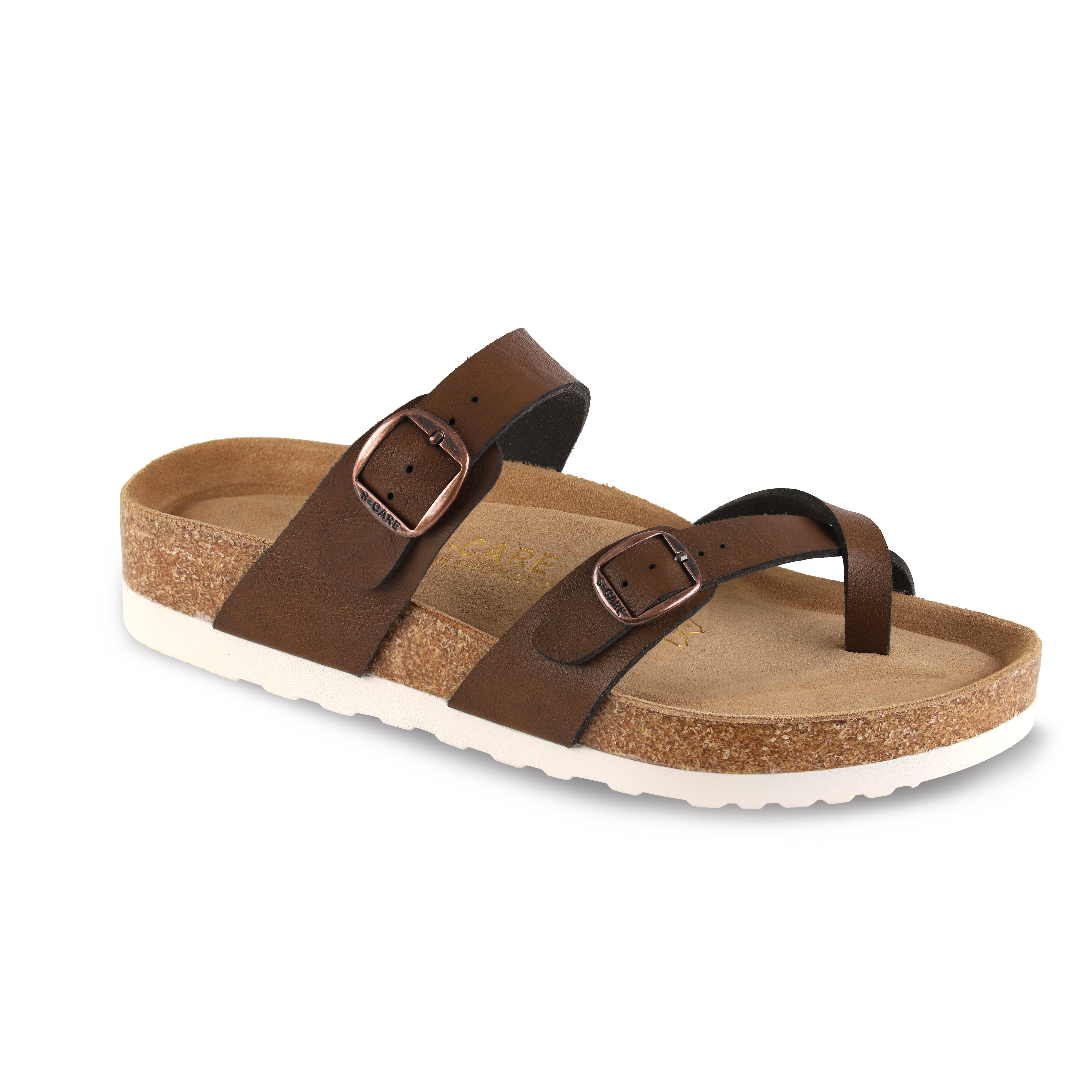 Front view of S-CARE Riyadh Sandals in brown, showing earthy tone straps and open-toe design.