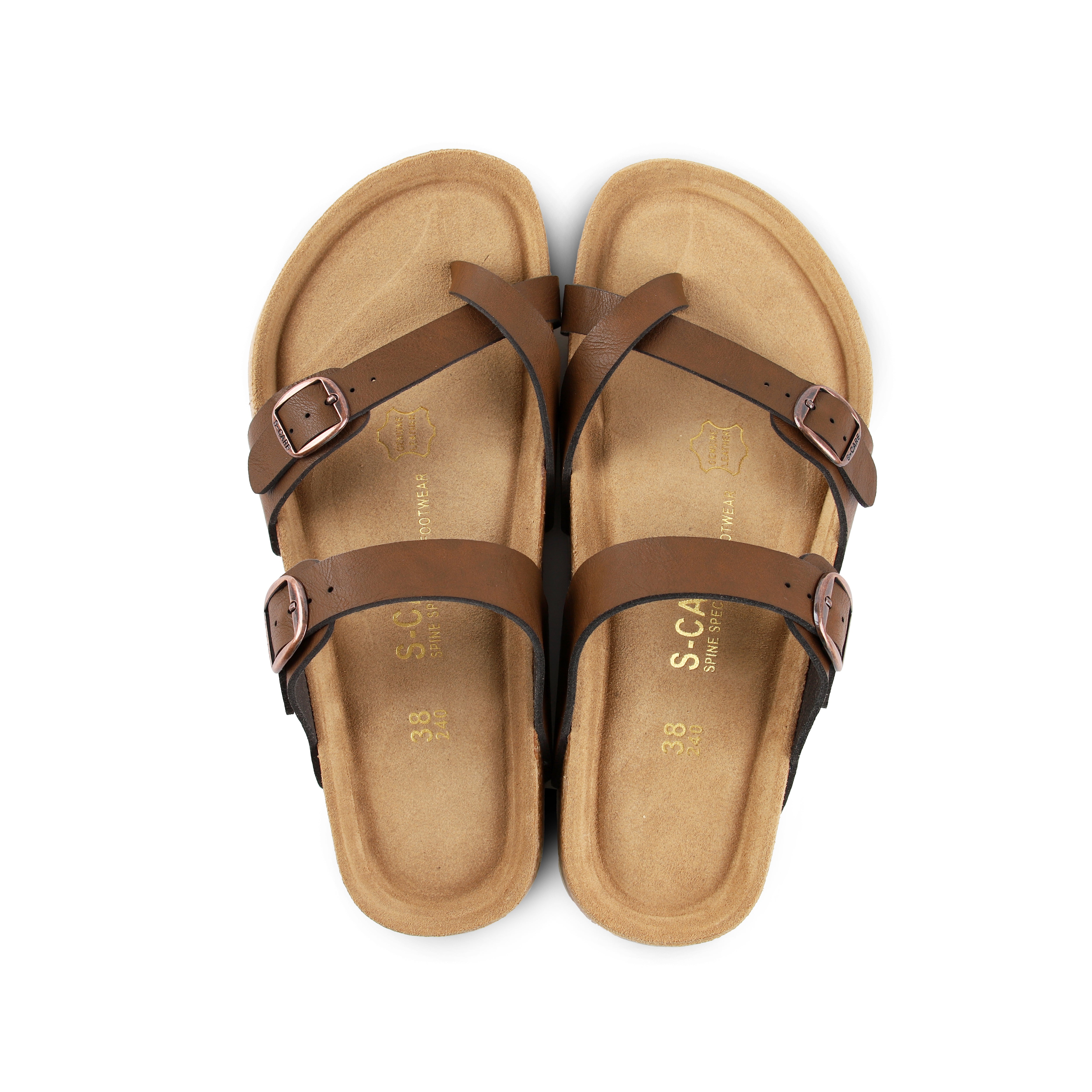 Top-down view of S-CARE Riyadh Sandals in brown, highlighting the footbed structure and arch line.