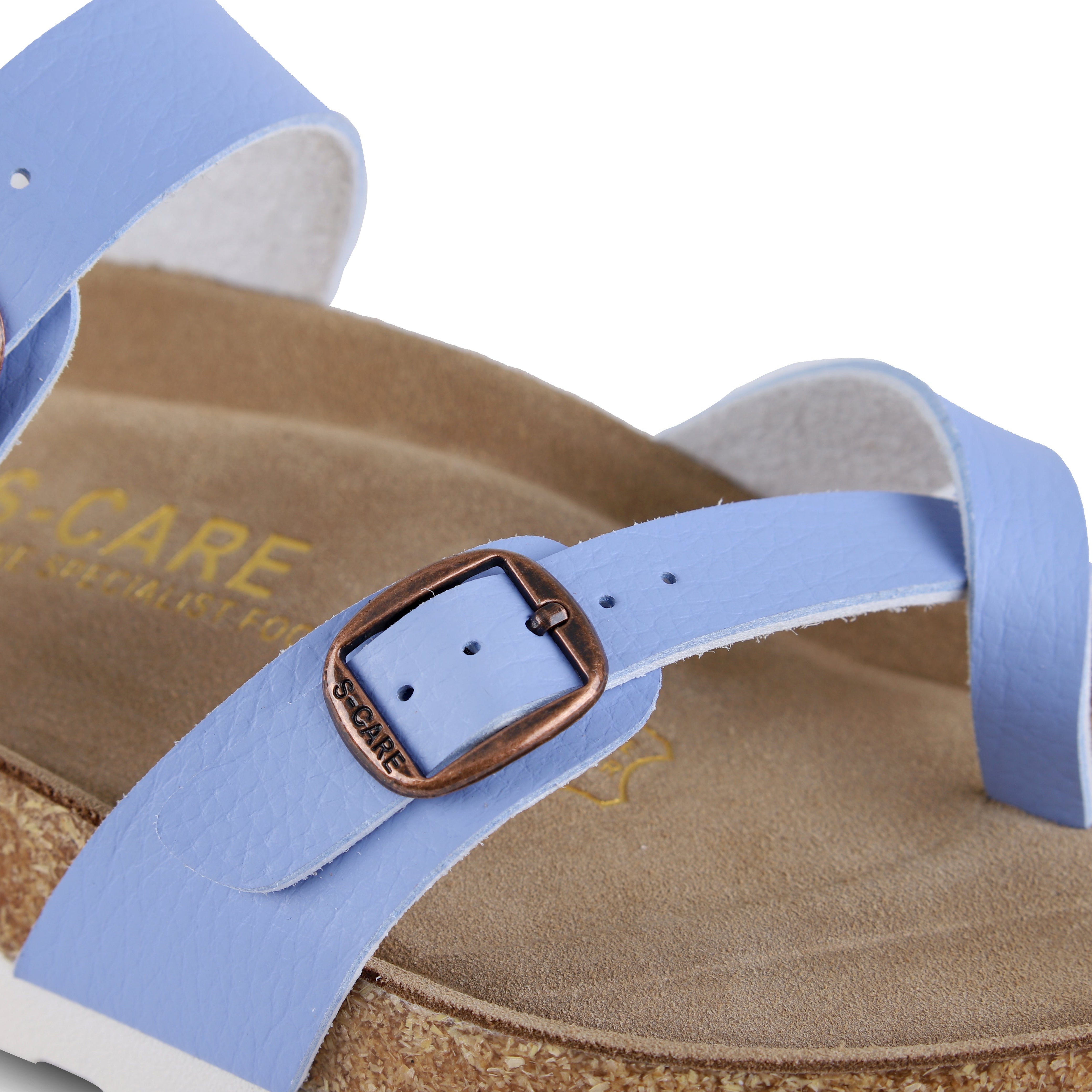 Close-up of S-CARE Riyadh Sandals in light blue, focusing on material detail and insole texture.